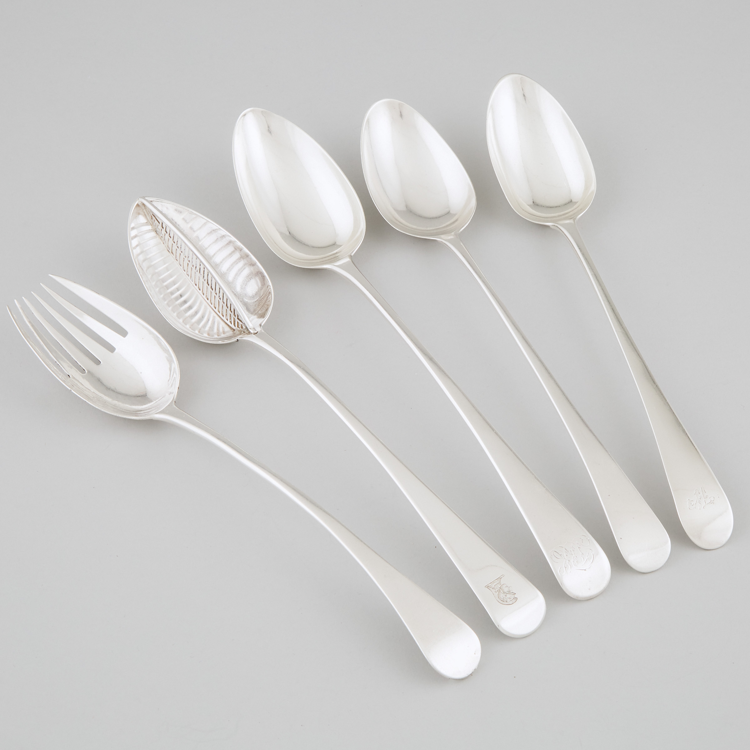 Five George III Silver Old English Pattern Serving Spoons, London, c.1787-1807