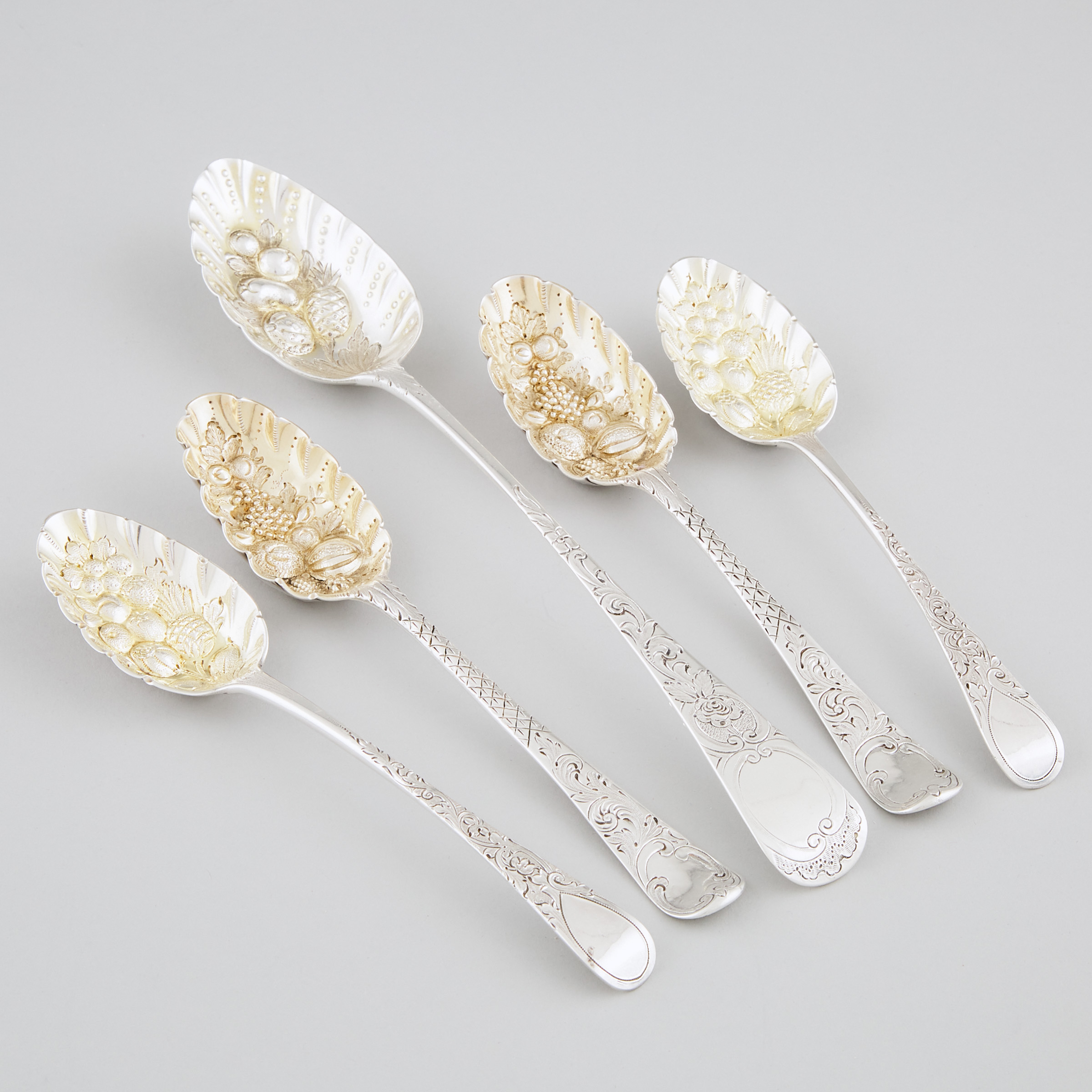 Two Pairs of Georgian Silver Berry Spoons and a Serving Spoon, Francis Spilsbury II, London, c.1770, William Bateman I, London, 1824 and George Wintle, London, 1809