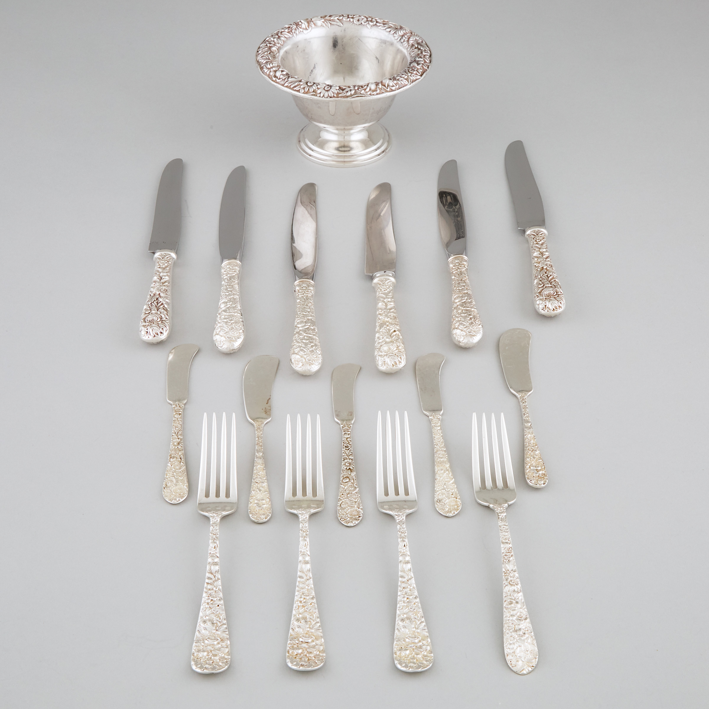 American Silver 'Repoussé' Footed Small Bowl, Samuel Kirk & Son, Baltimore, Md., and Fifteen Pieces of Flatware, 20th century