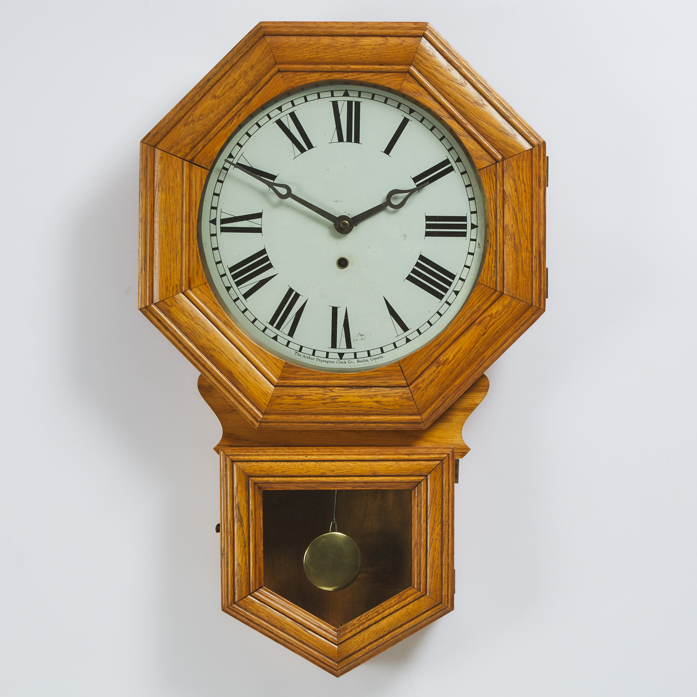 Arthur Pequegnat Oak 'Brandon' Model Drop Dial  Clock, Berlin (Kitchener), Ont., c.1900