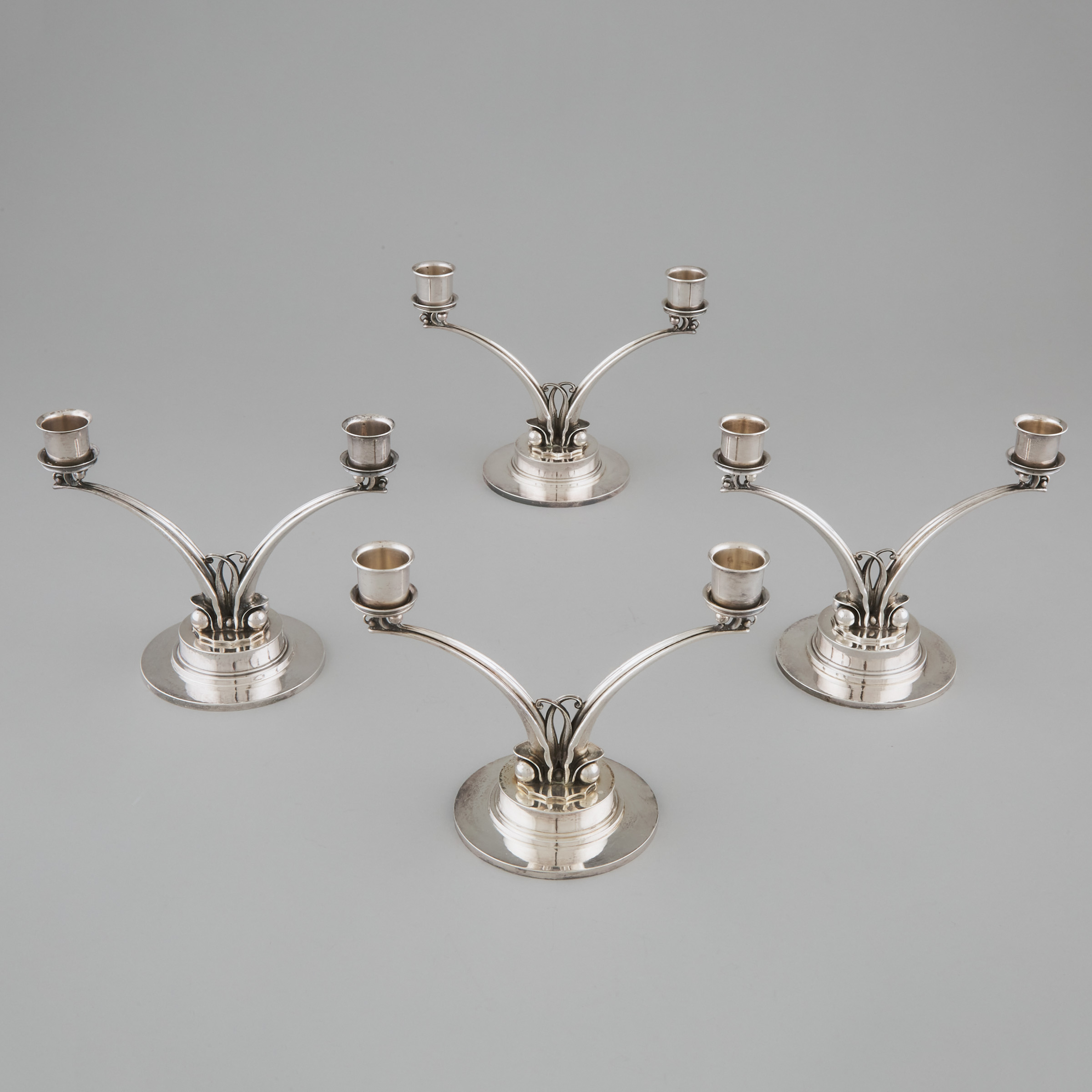 Set of Four Danish Silver Two-Light Candelabra, #278, Harald Nielsen for Georg Jensen, Copenhagen, post-1945