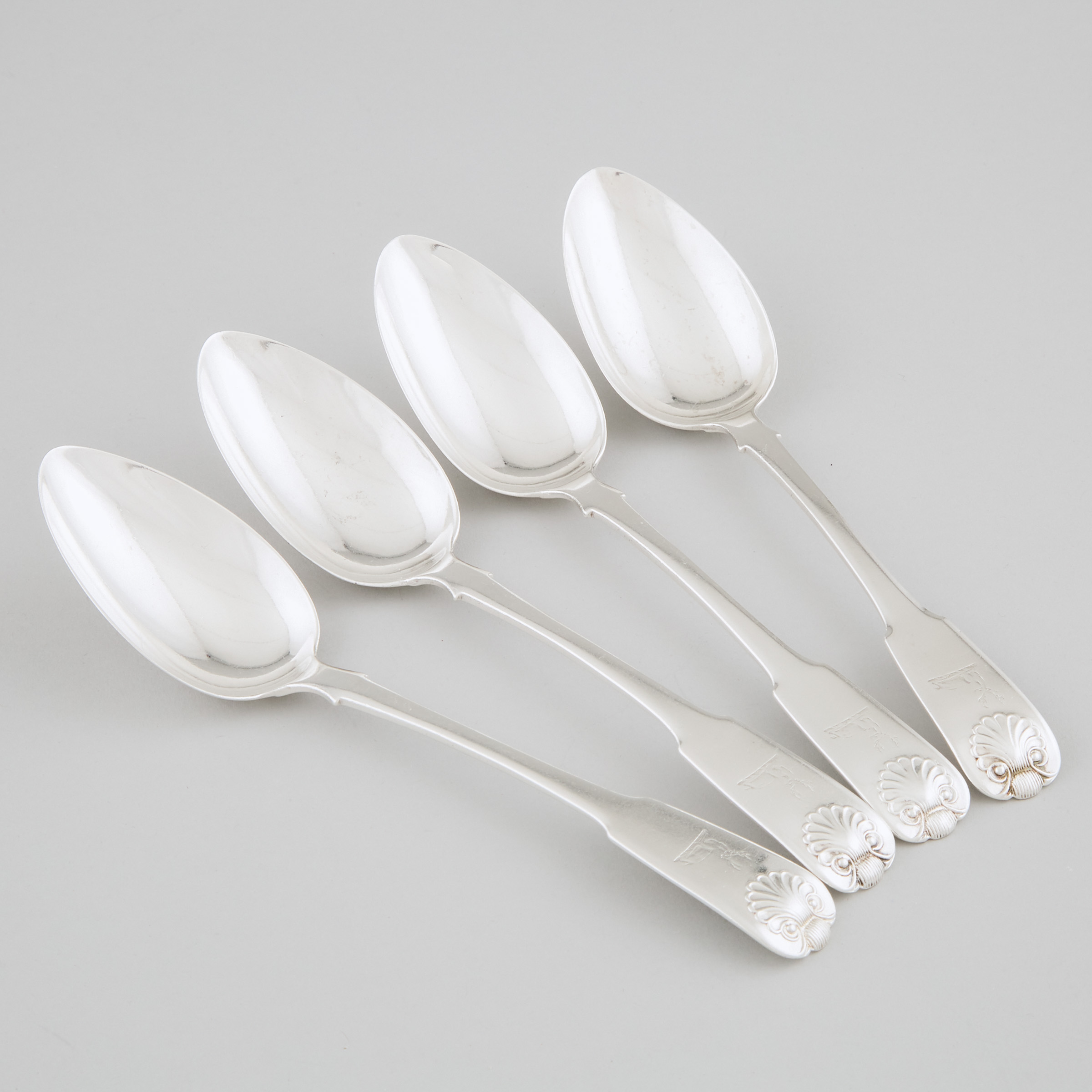 Four Canadian Silver Fiddle and Shell Pattern Table Spoons, Nelson Walker, Montreal, Que., c.1840