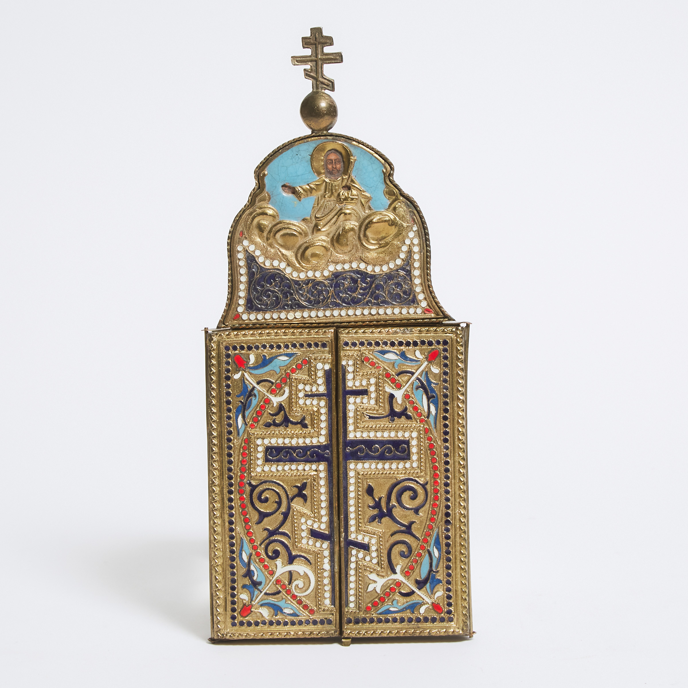 Russian Orthodox Enamelled Repoussée Worked Gilt Metal St. Nicholas Triptych Travelling Icon, 19th/early 20th century