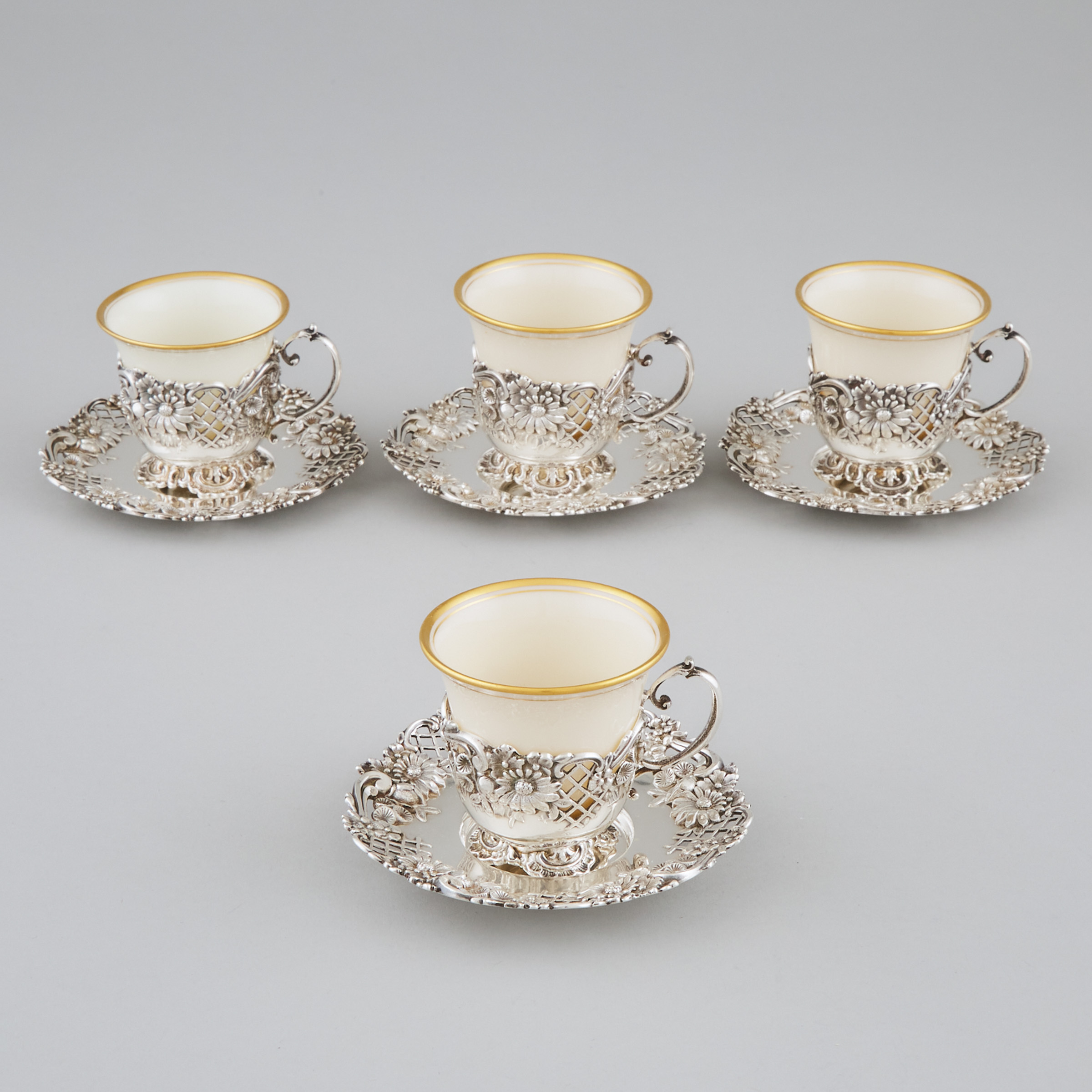 Four American Silver Coffee Cups and Saucers, Redlich & Co., New York, N.Y., 20th century