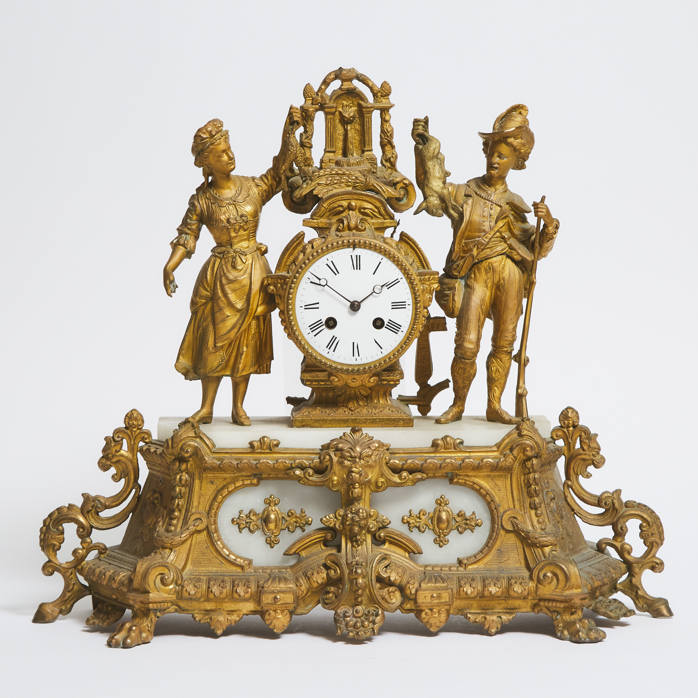 French Alabaster Mounted Gilt Metal Figural Mantel Clock, 19th century
