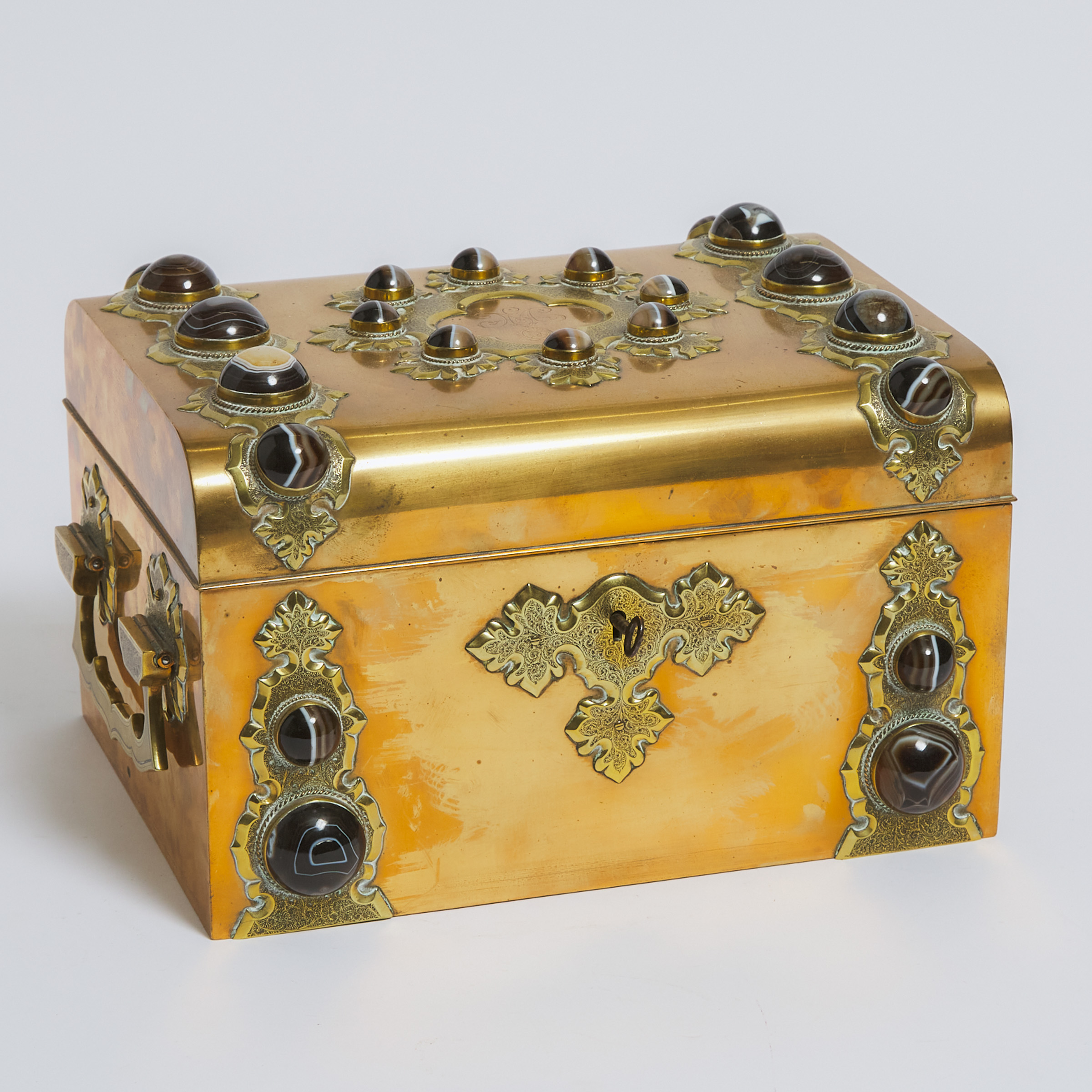 Victorian Renaissance Revival Agate Set Brass Vanity Case, c.1870