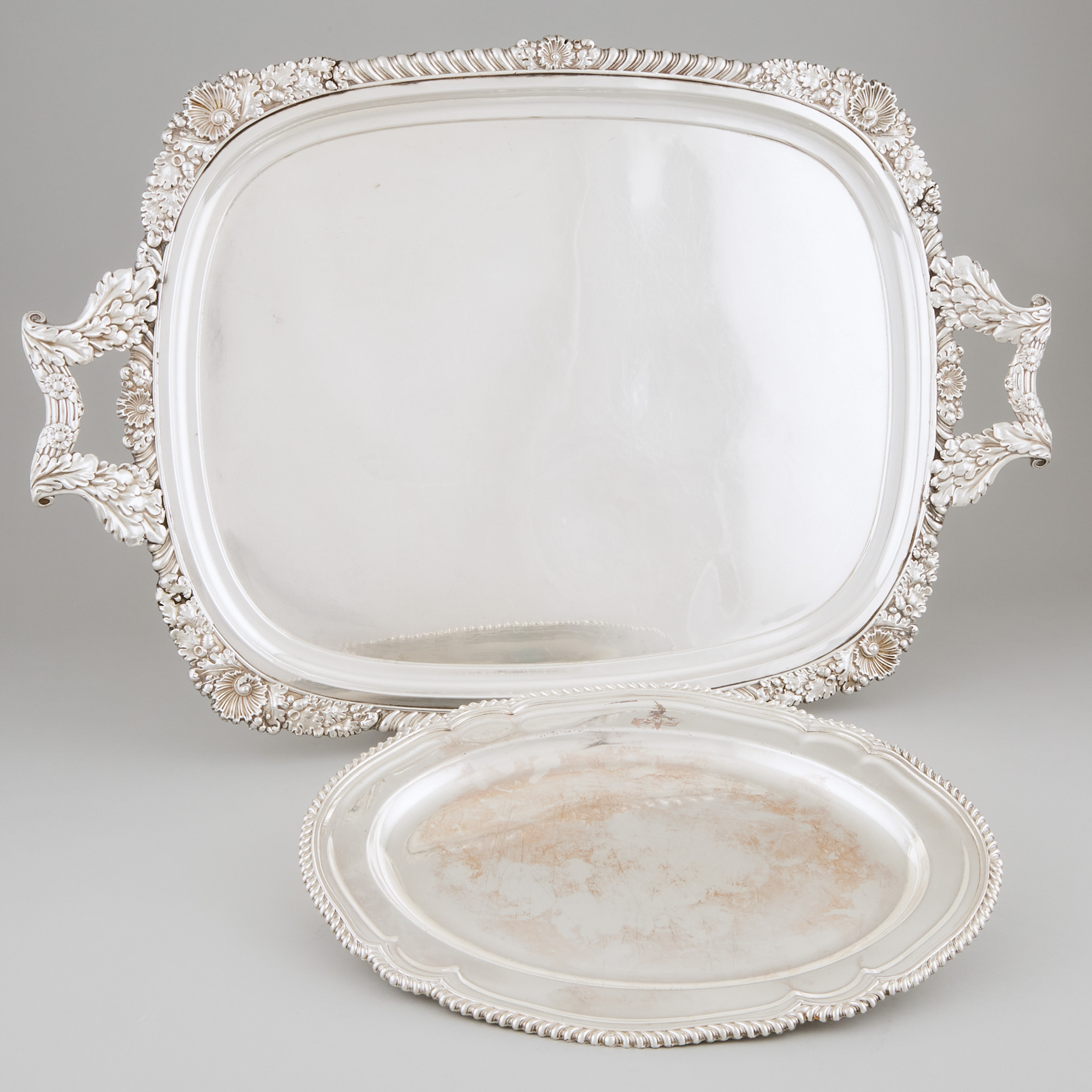 Old Sheffield Plate Two-Handled Serving Tray and an Oval Platter, c.1825
