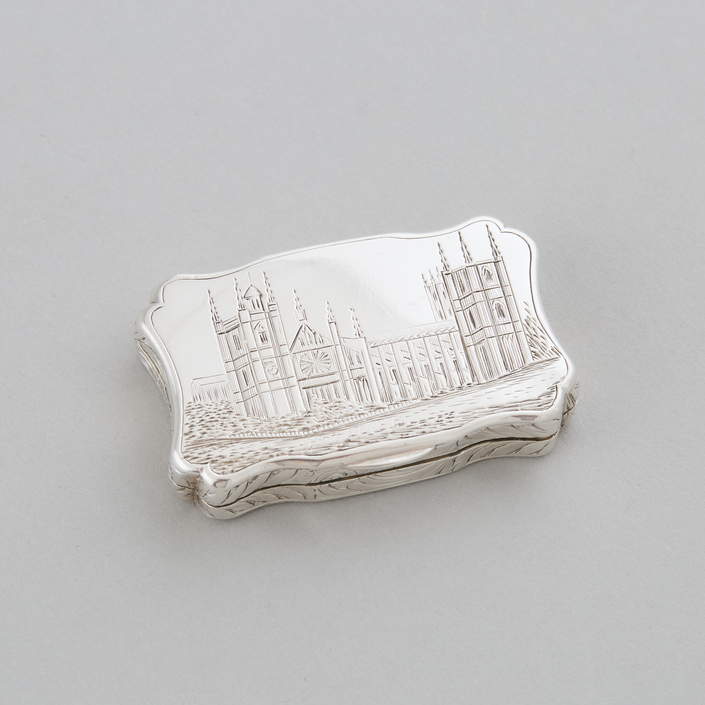 Victorian Silver Engraved 'Westminster Abbey' Shaped Rectangular Vinaigrette, Taylor & Perry, Birmingham, 1841