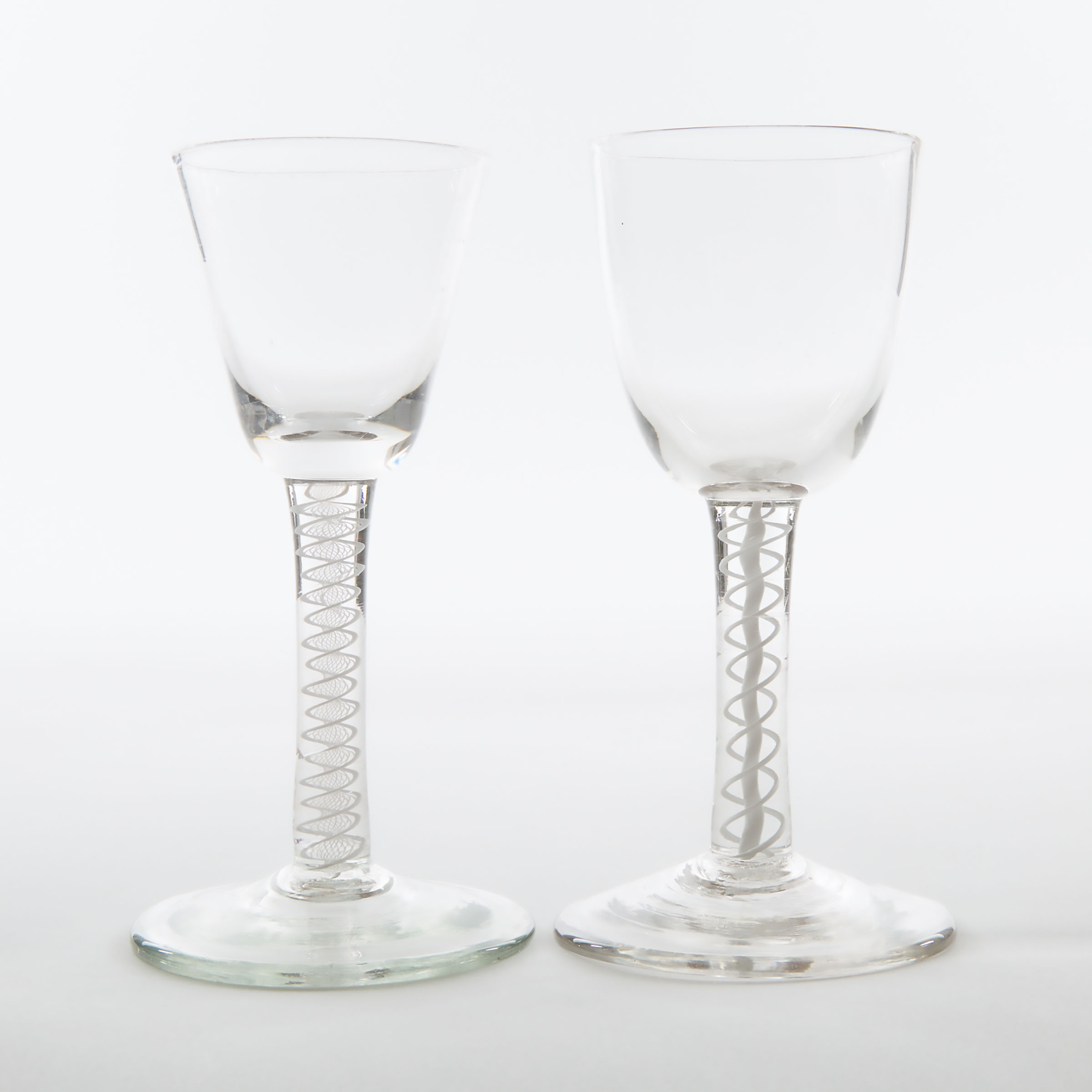 Two English Double Series Opaque Twist Stemmed Wine Glasses, c.1760-80