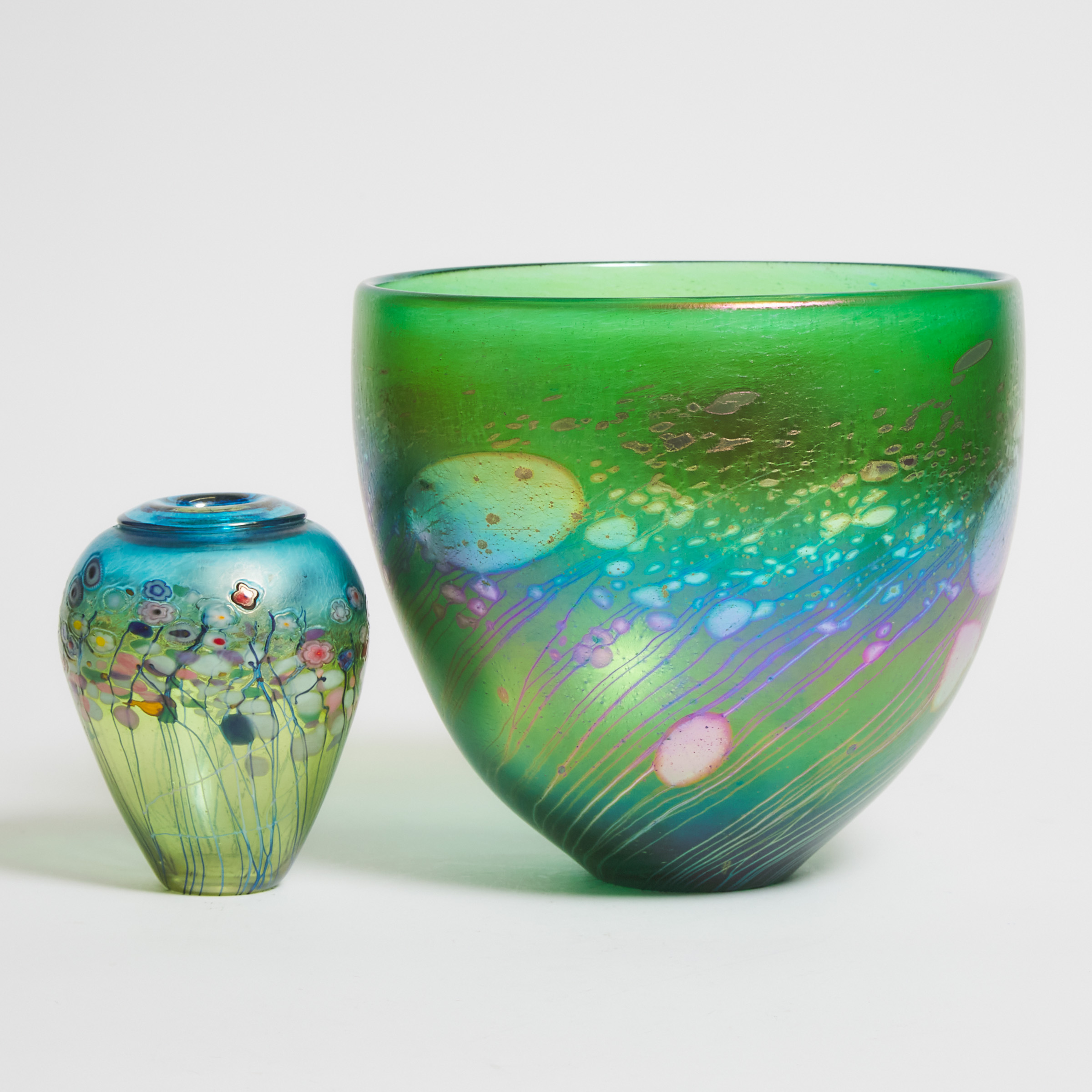 Robert Held (American-Canadian, b.1943), Two Iridescent Glass Vases, late 20th century