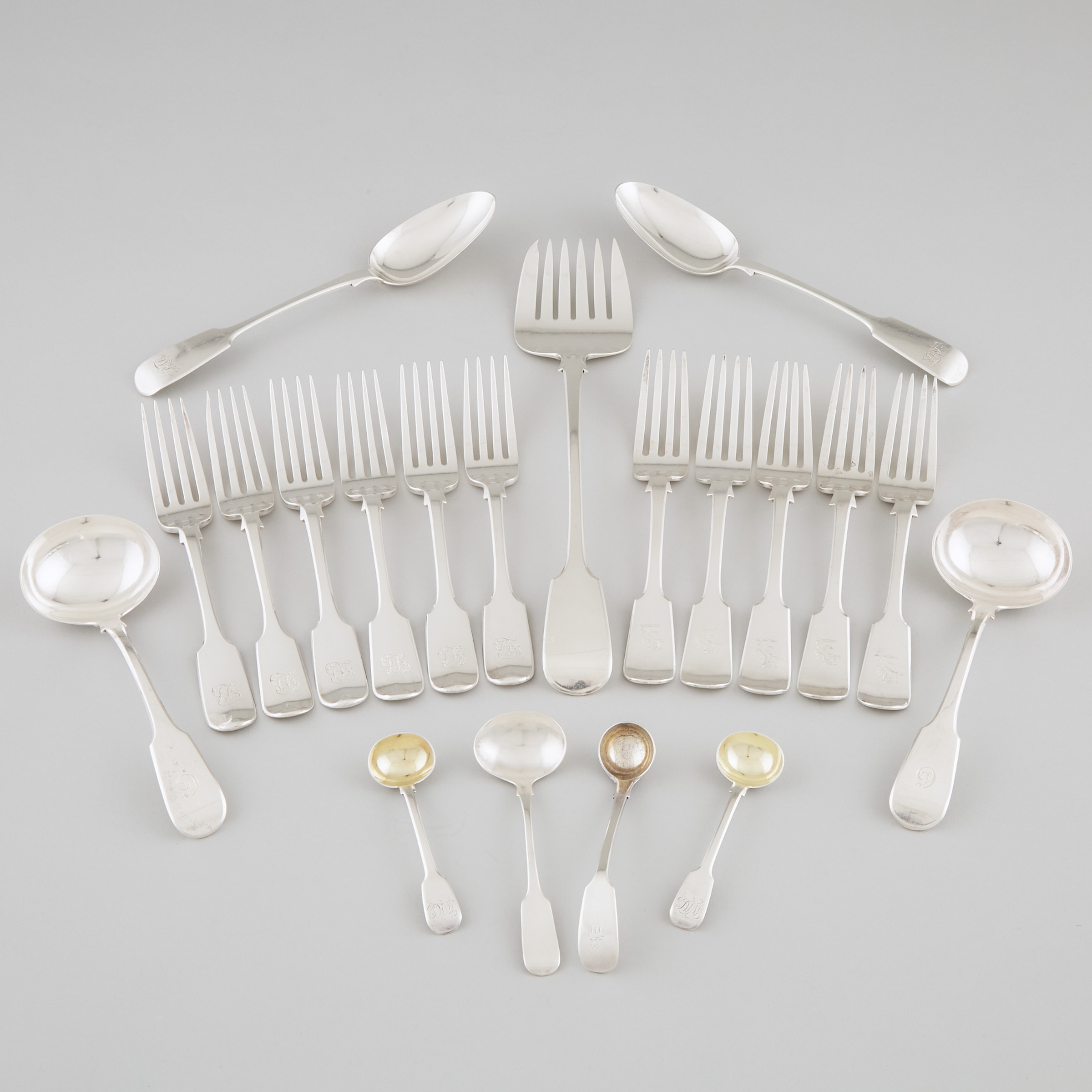 Group of Georgian, Victorian and Canadian Silver Fiddle Pattern Flatware, 19th century
