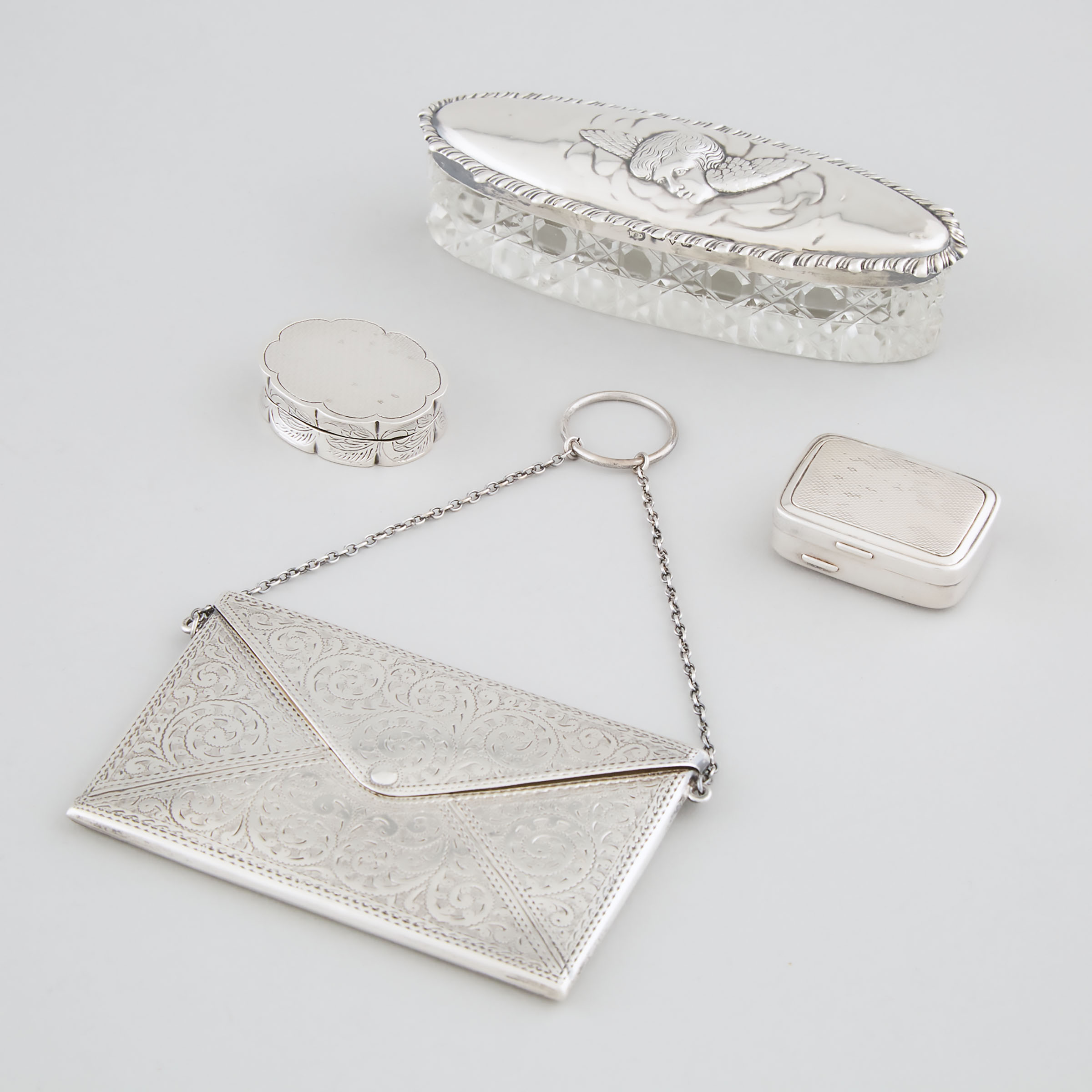 Three English and Norwegian Silver Boxes and a Purse-Form Card Case, 20th century