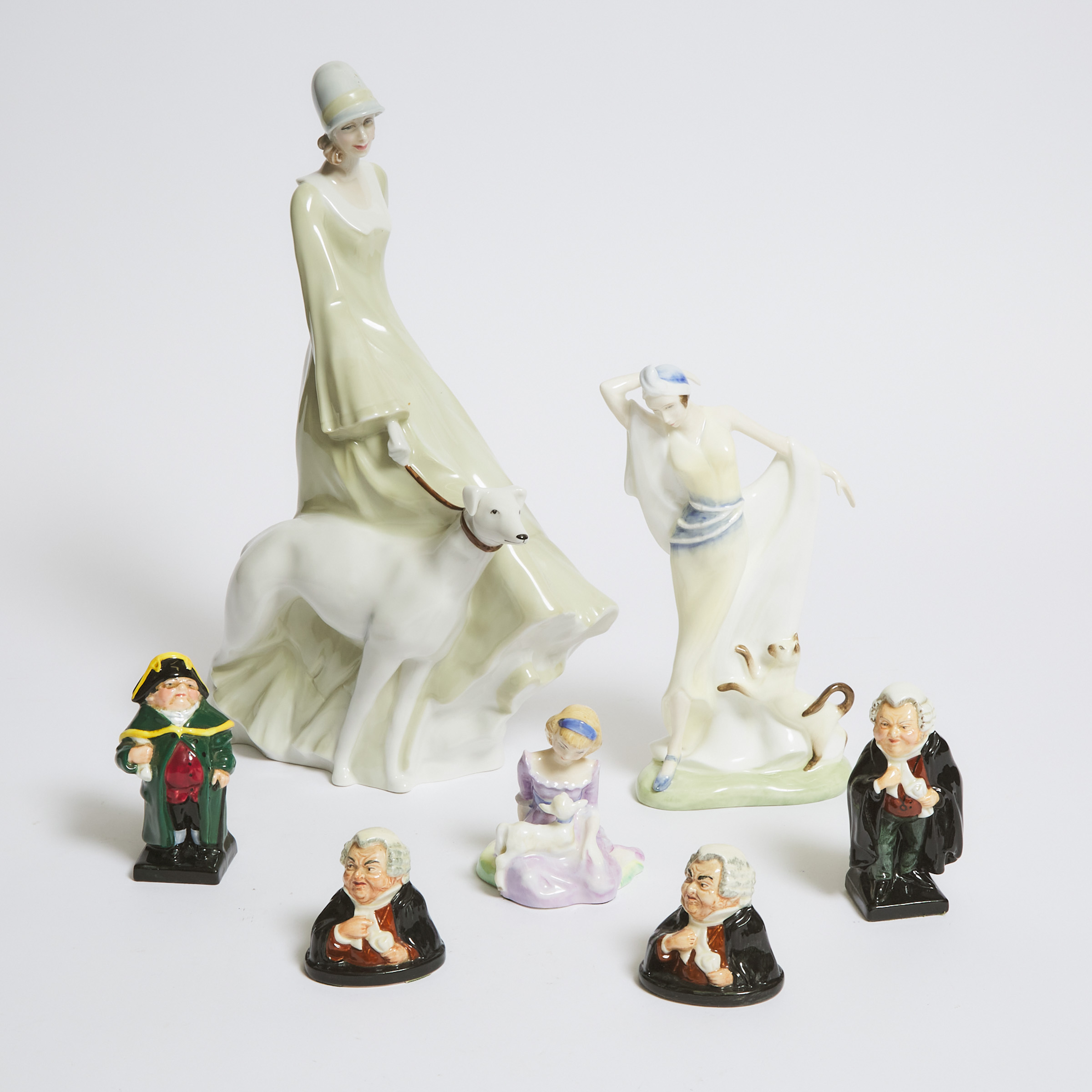 Seven Royal Doulton Figures and Dickens Character Models, 20th century