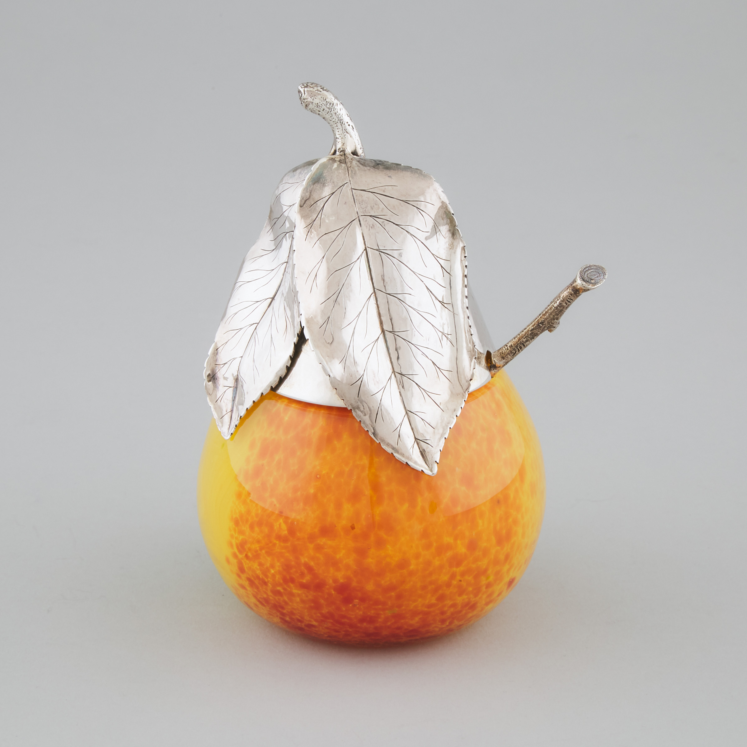 Italian Silver and Coloured Glass Pear-Form Preserve Jar with Spoon, Buccellati, Milan, 20th century