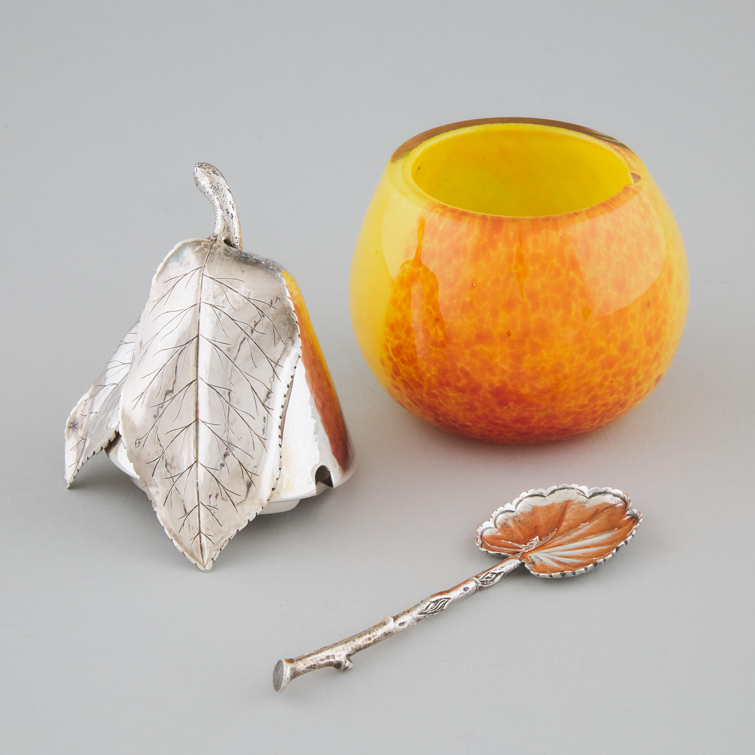 Italian Silver and Coloured Glass Pear-Form Preserve Jar with Spoon, Buccellati, Milan, 20th century