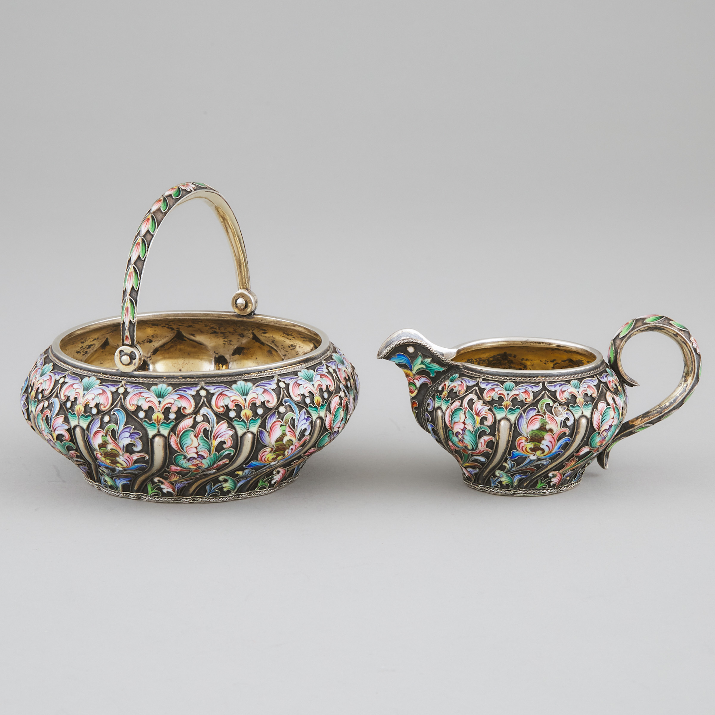 Russian Silver Shaded Cloisonné Enamel Sugar Basket and Cream Jug, Maria Semenova, Moscow, 1899-1908