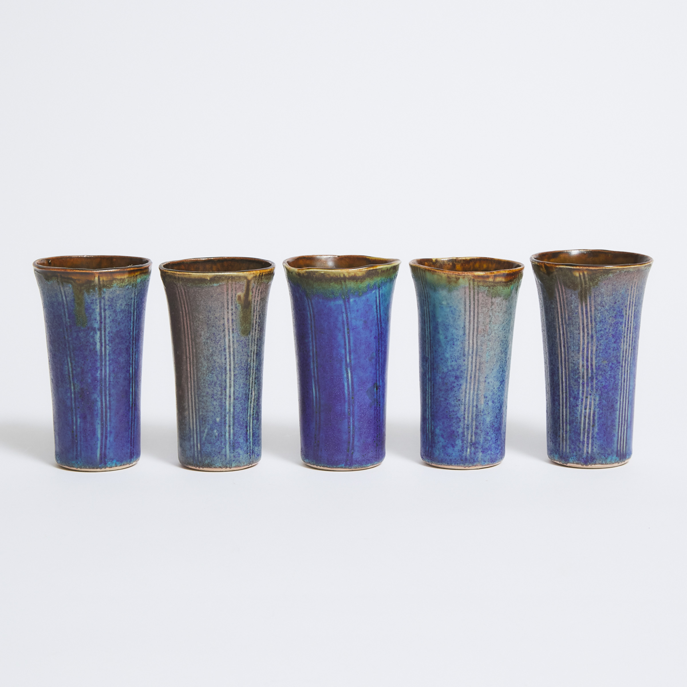 Harlan House (Canadian, b.1943), Five Blue and Brown Glazed Beakers, late 20th century