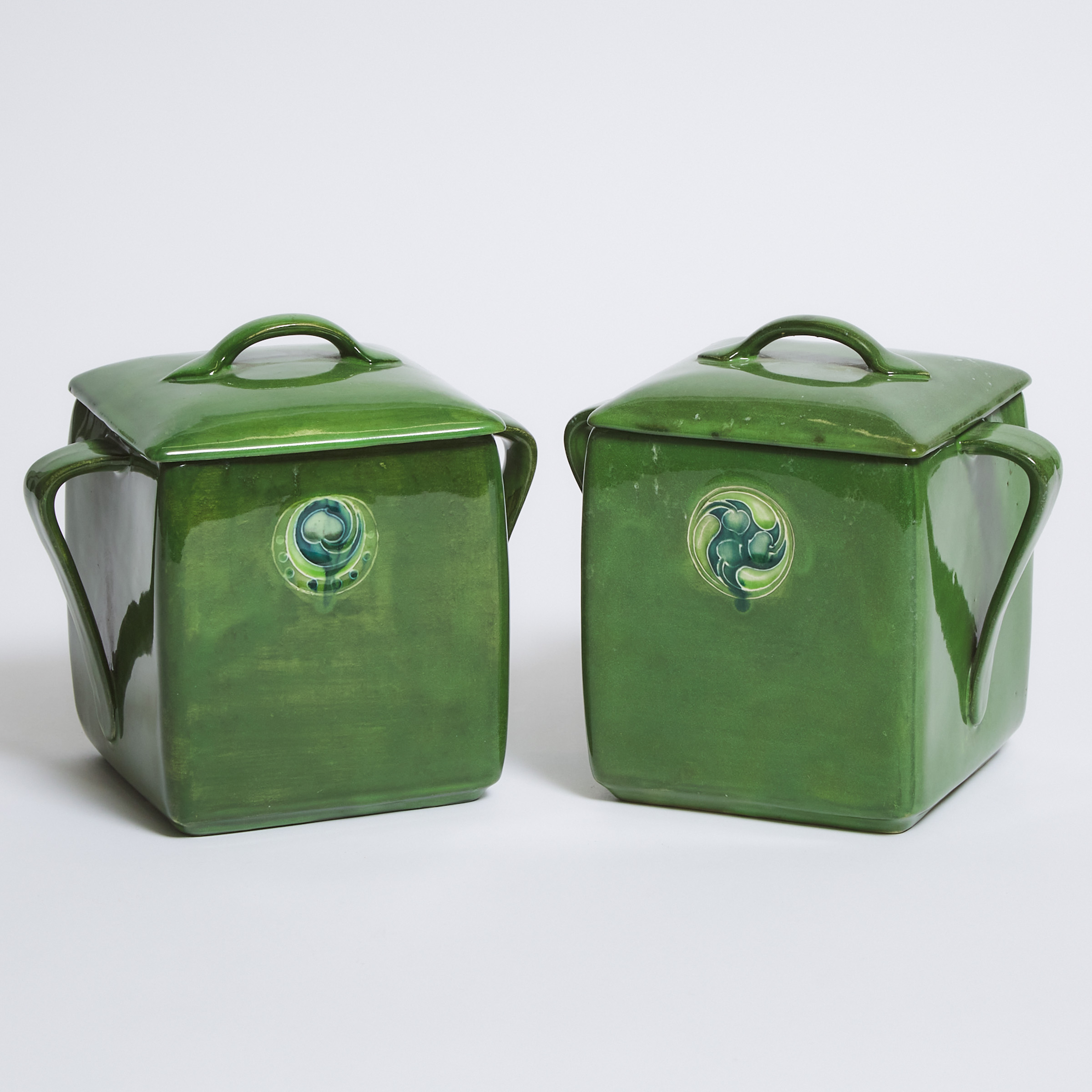 Pair of Macintyre Moorcroft Green Flamminian Biscuit Boxes, for Liberty & Co., c.1906-13