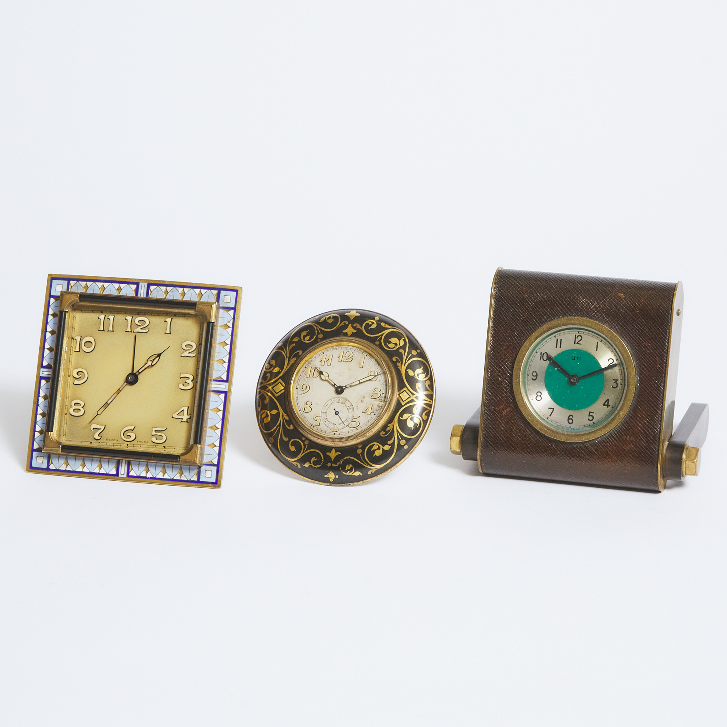 Group of Three Decorative Travelling Clocks, early 20th century