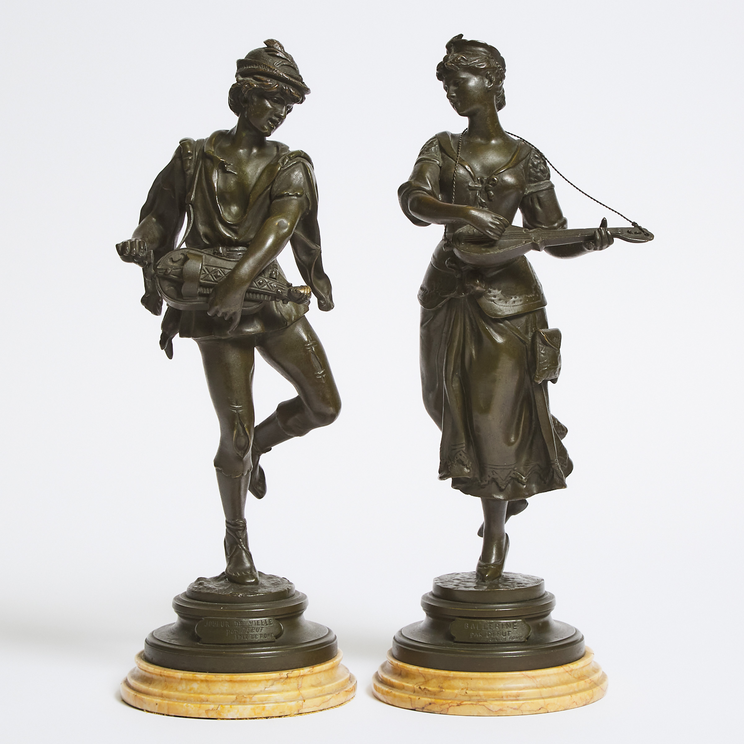 Pair of French Patinated Bronze Figures of Musicians, after Jean Didier Début (French, 1824-1893)