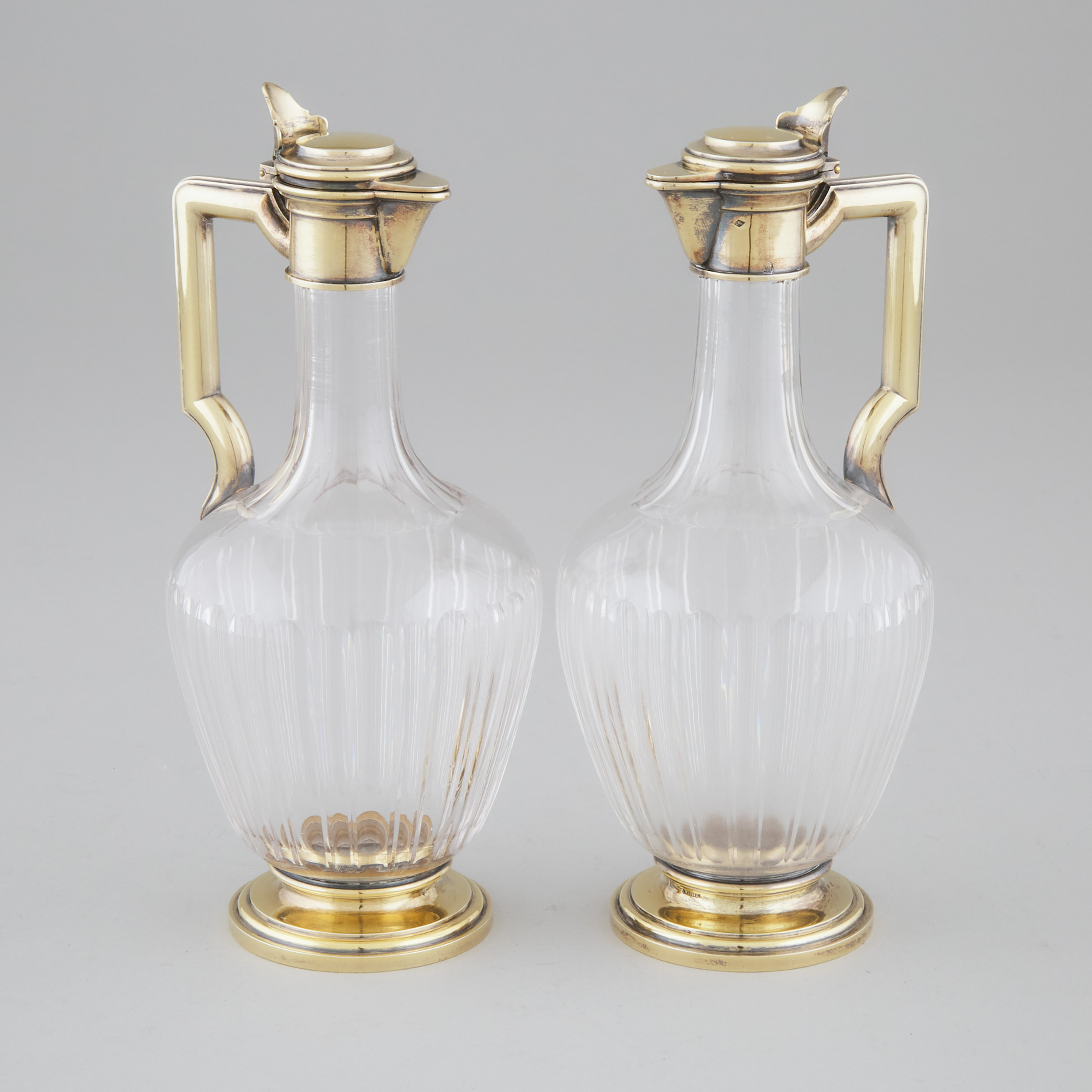 Pair of French Silver-Gilt and Cut Glass Wine Ewers, Gustave Keller, Paris, c.1900