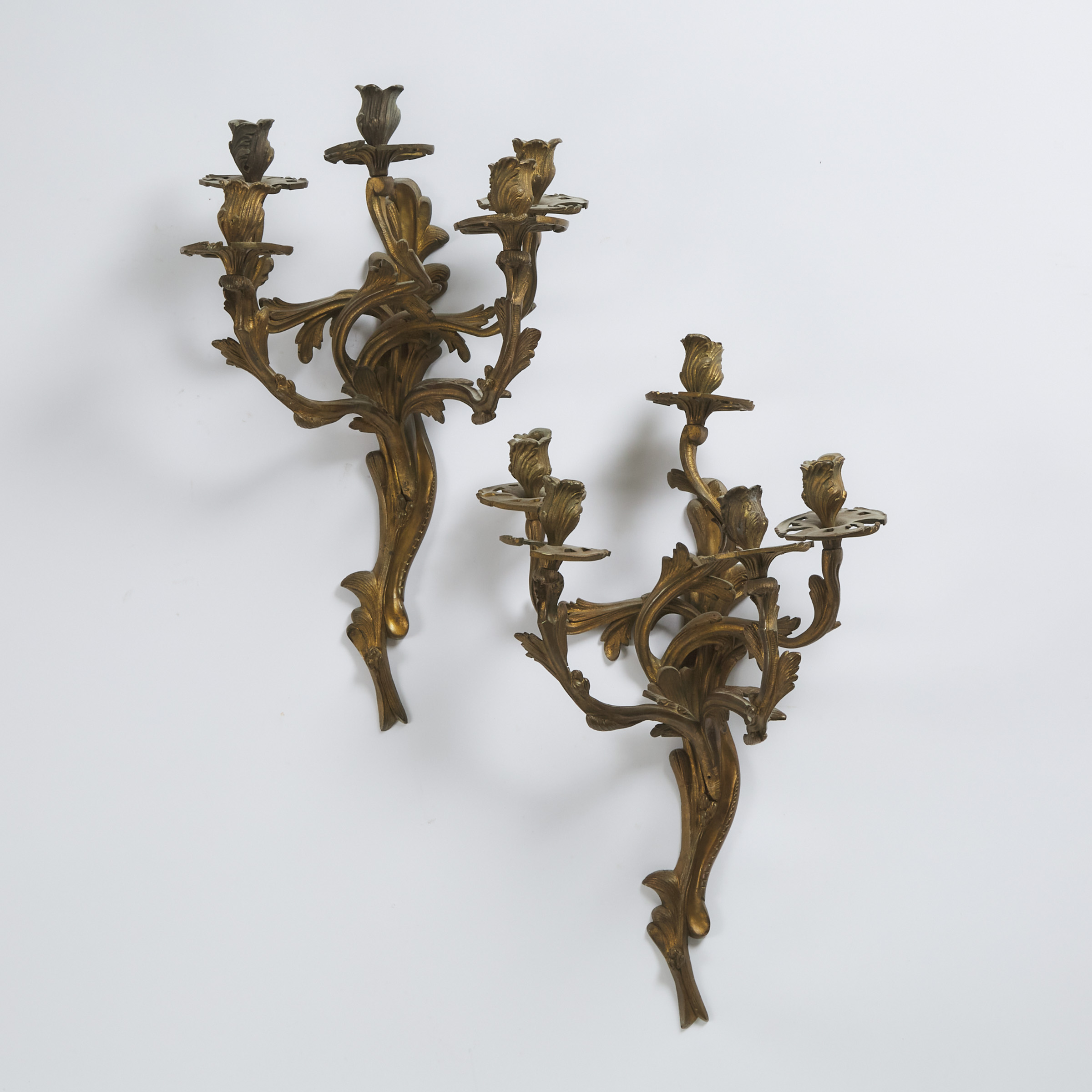Pair of Louis XV Style Gilt Bronze Five Light Wall Sconces, 19th century 