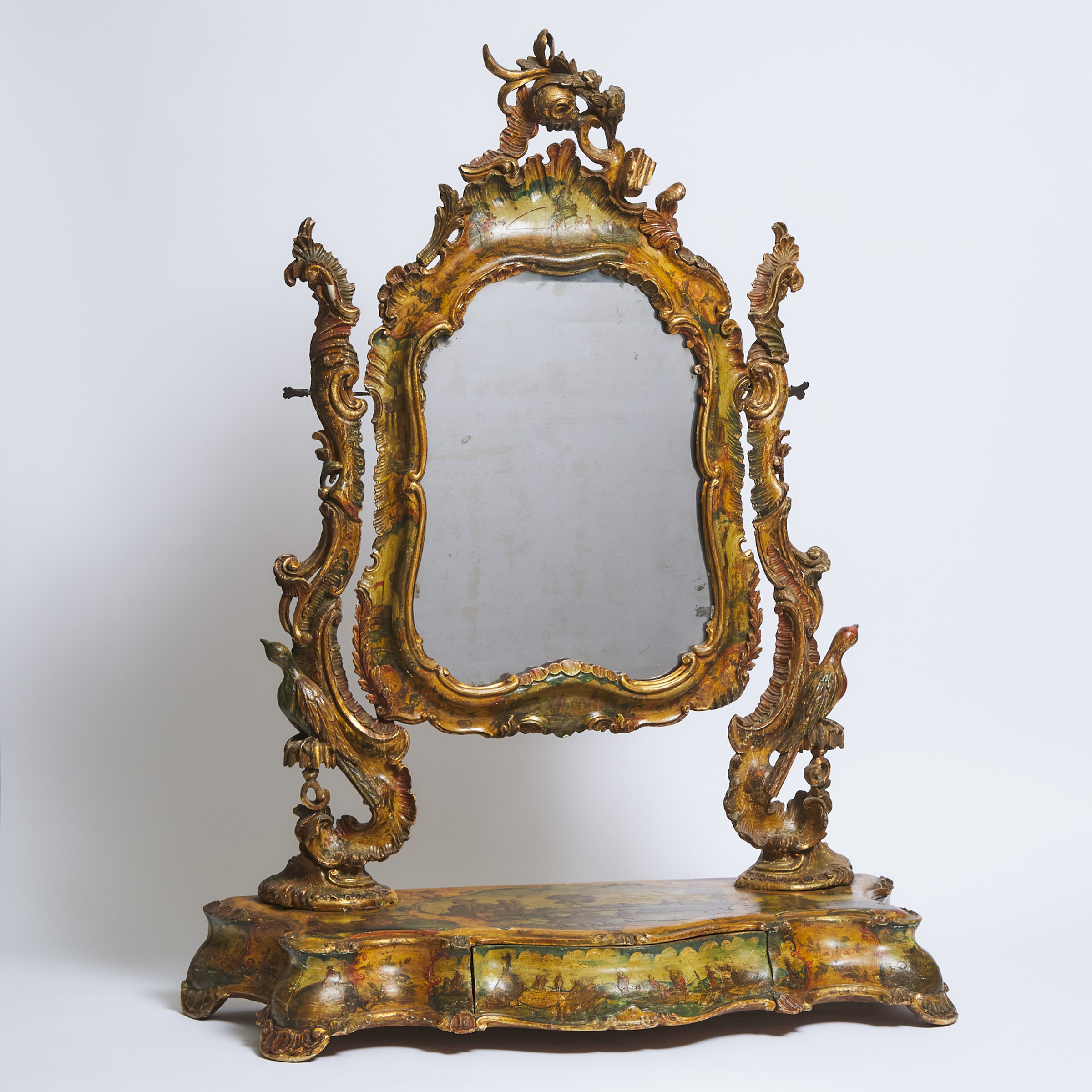 Large Venetian Chinoiserie 'Arte Povera' Découpage and Paint Decorated Parcel Gilt Rococo Dressing Mirror, c.1770