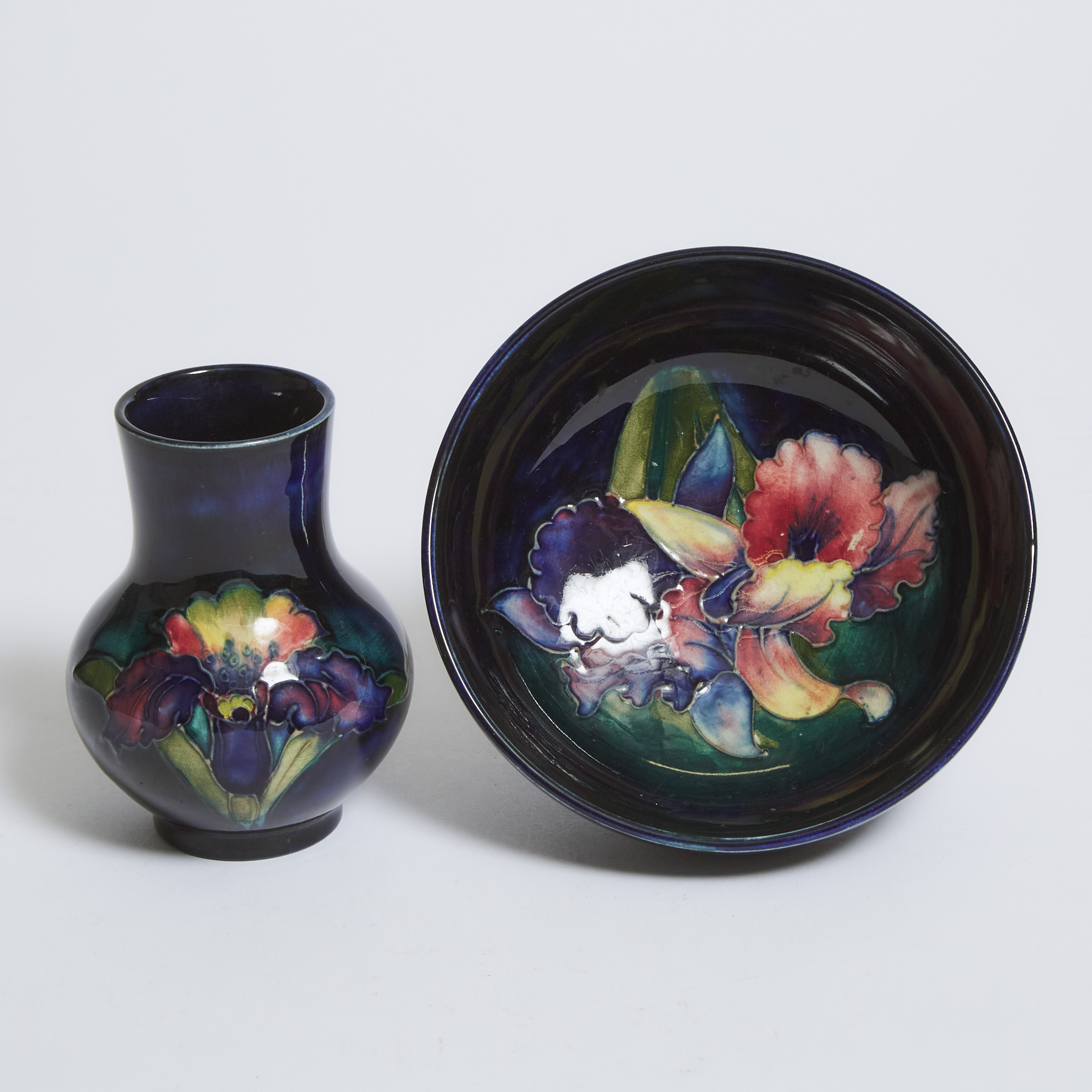 Moorcroft Orchids Small Vase and Bowl, c.1960