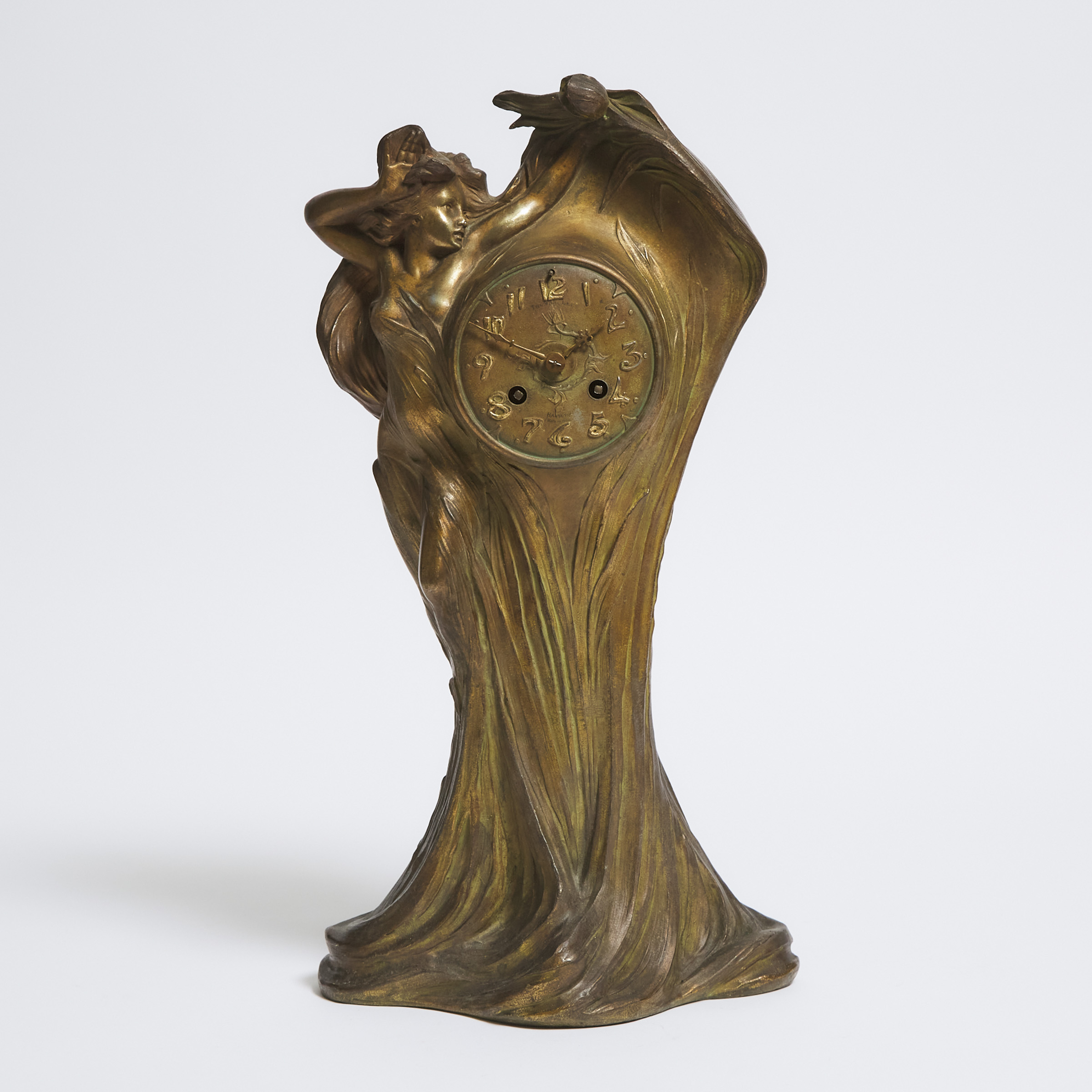French Art Nouveau Gilt Metal Figural Mantel Clock, c.1900