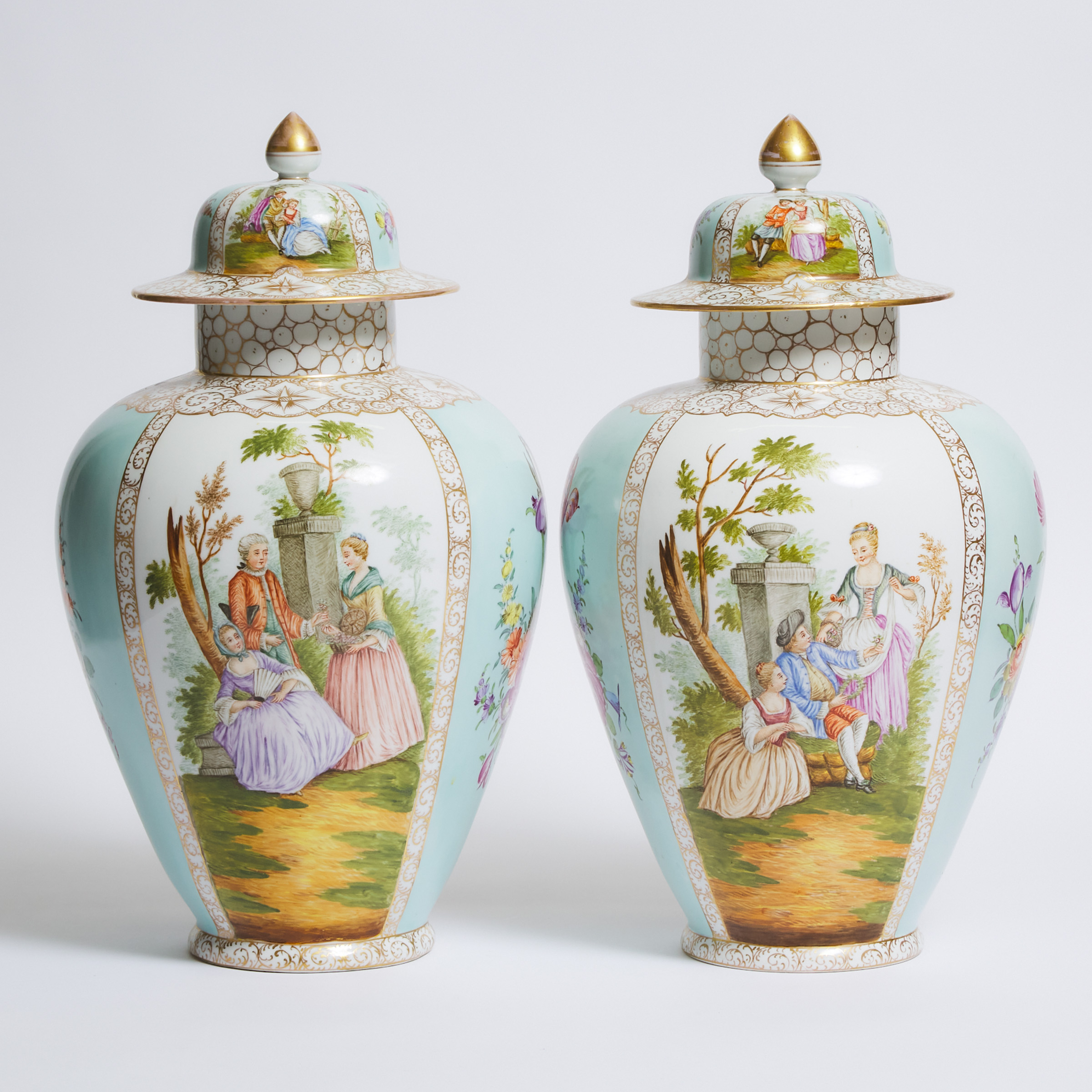 Pair of Dresden Large Covered Vases, early 20th century