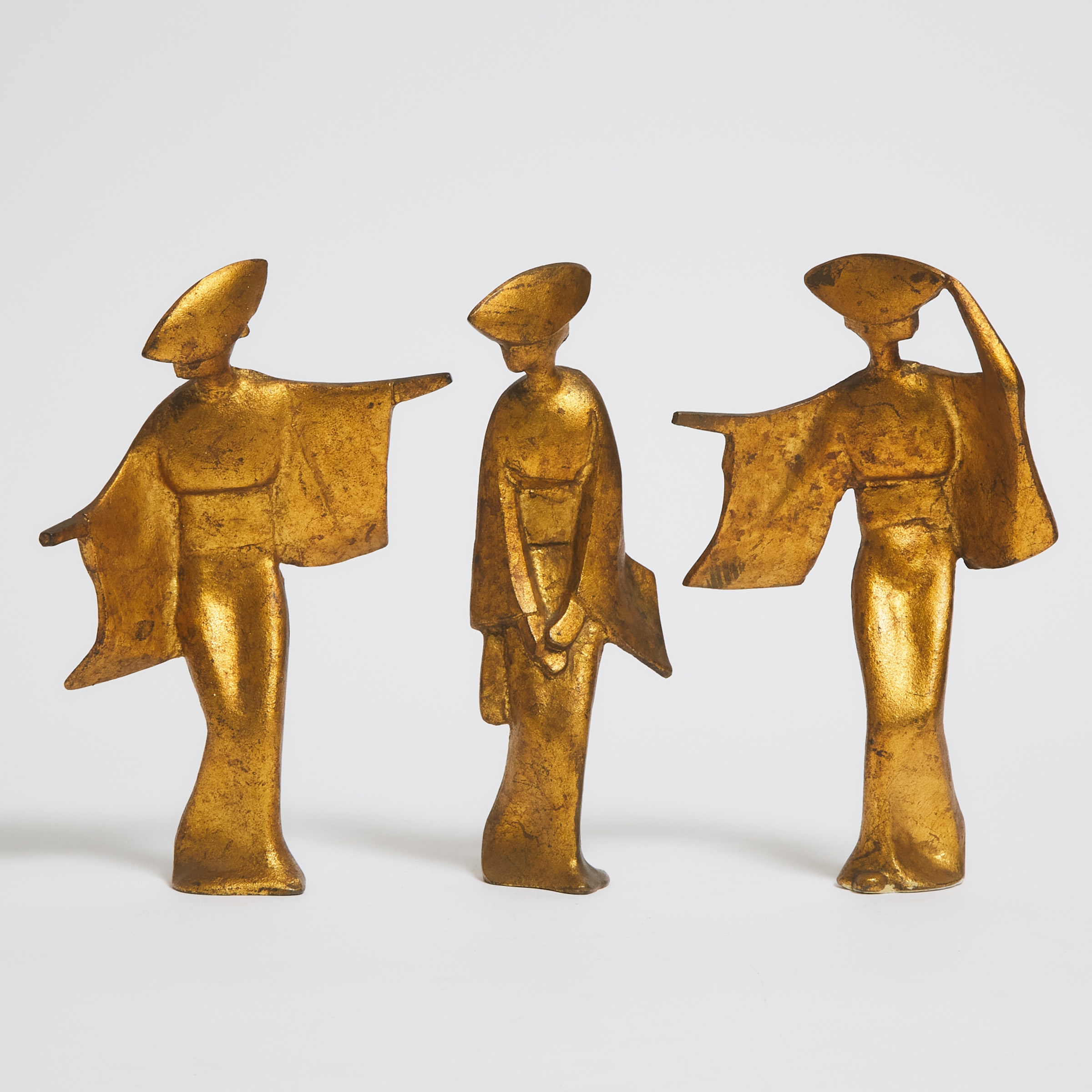 Three Japanese Mid Century Modern Stylised Gilt Bronze Figures of Kōenji Awa Odori  Dancers, c.1955