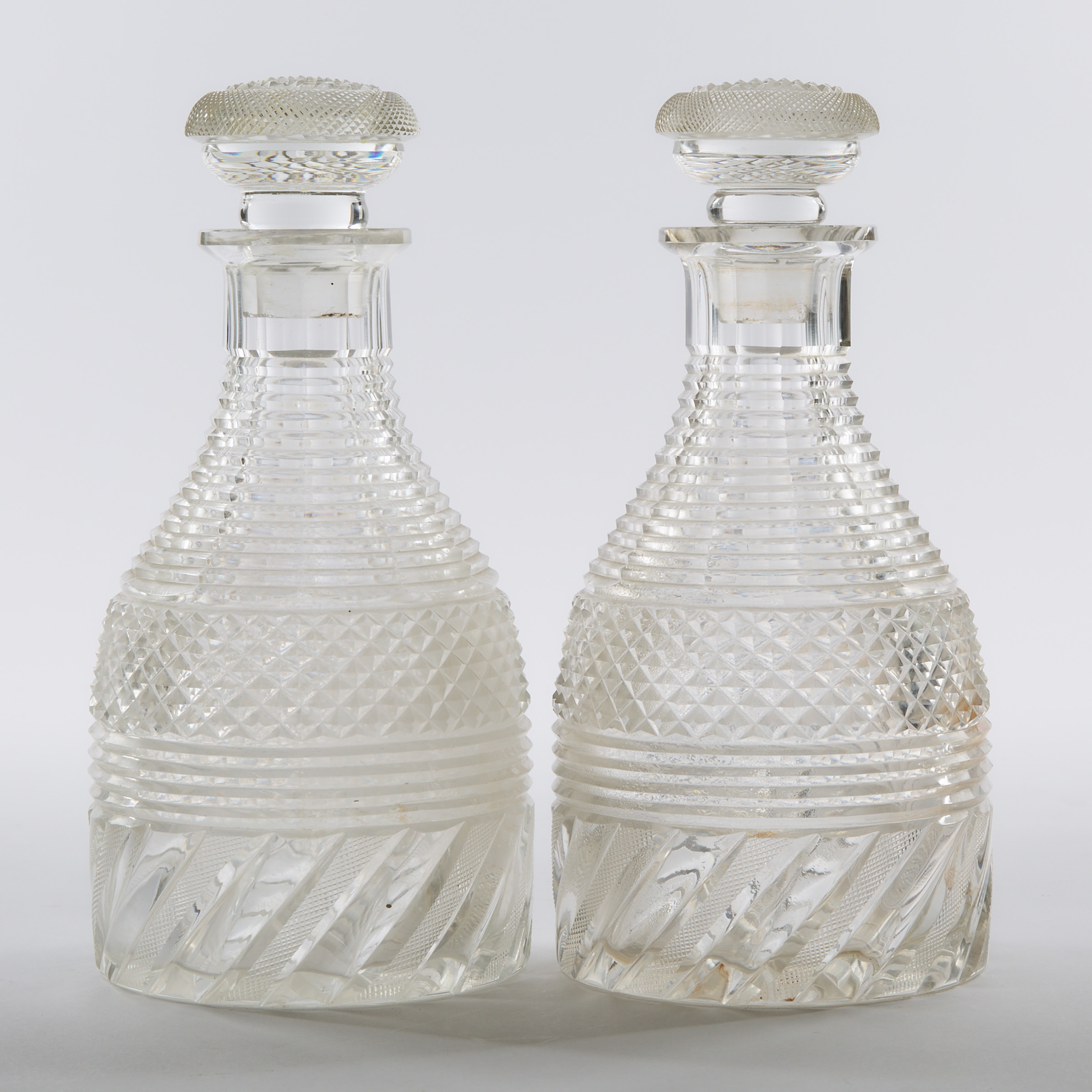 Pair of Anglo-Irish Cut Glass Mallet Shaped Decanters, 19th century