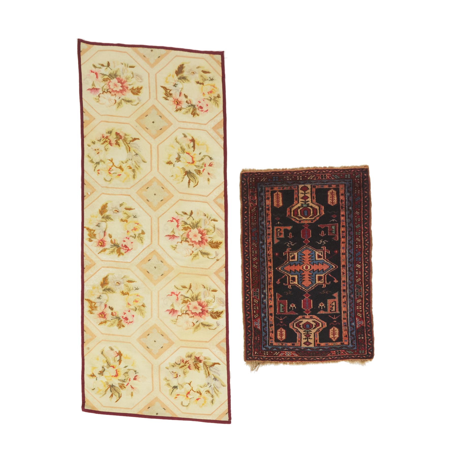 Turkish Bergama Mat, c.1920 together with a Aubusson Needlepoint Fragment, c.1960