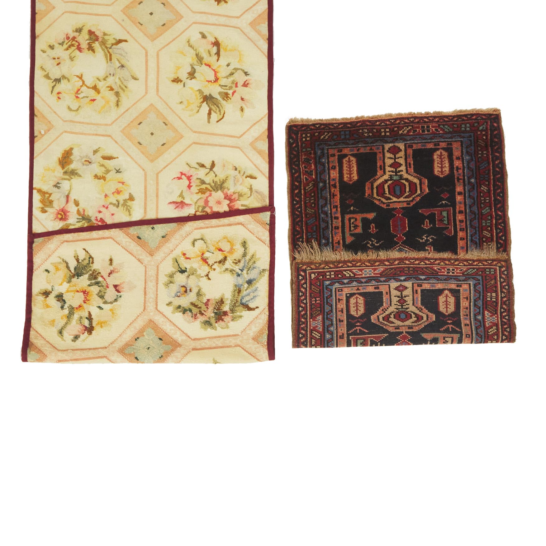 Turkish Bergama Mat, c.1920 together with a Aubusson Needlepoint Fragment, c.1960