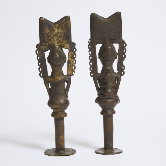 Pair of Yoruba Male and Female Bronze Ogboni Standing Sceptres, West Africa, 19th to 20th century