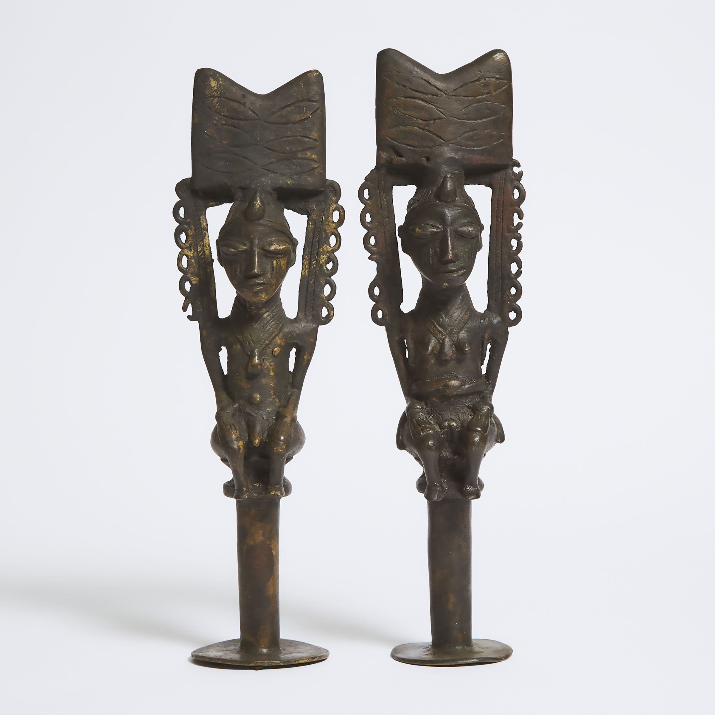 Pair of Yoruba Male and Female Bronze Ogboni Standing Sceptres, West Africa, 19th to 20th century