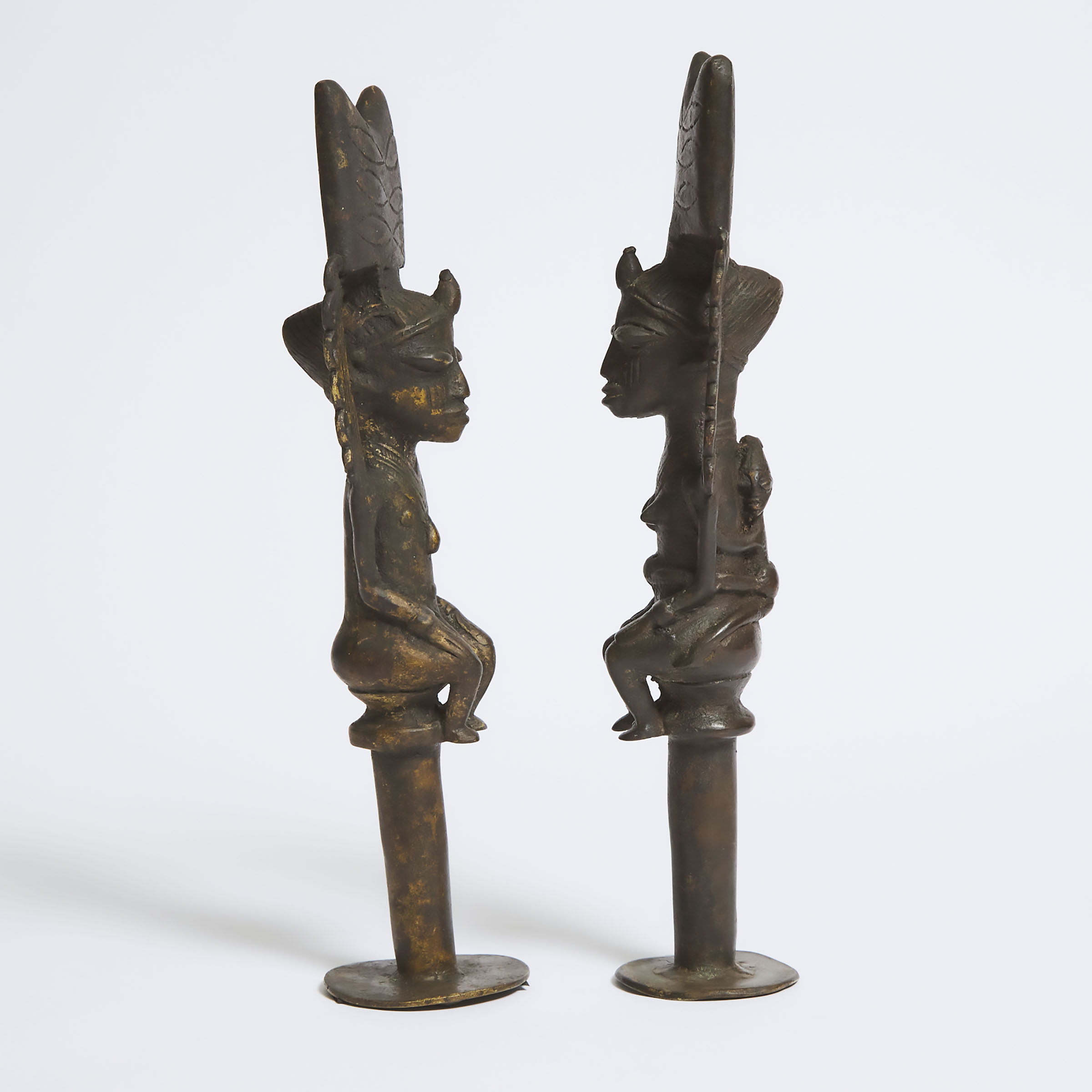 Pair of Yoruba Male and Female Bronze Ogboni Standing Sceptres, West Africa, 19th to 20th century