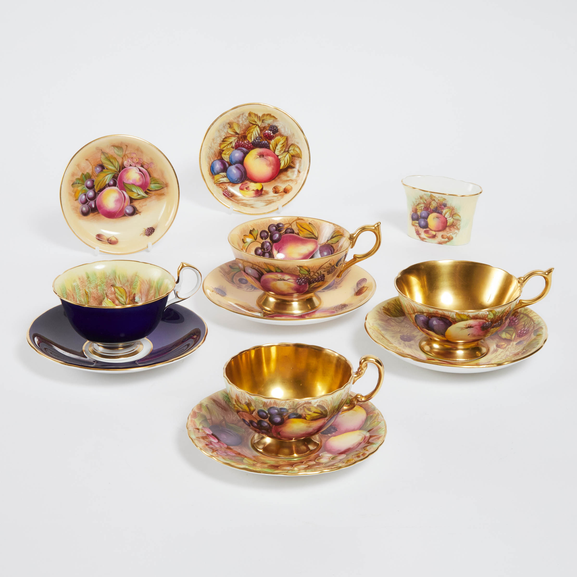 Four Aynsley 'Orchard Gold' Cups and Saucers, Two Dishes, and a Toothpick Holder, D. Jones and N. Brunt, 20th century