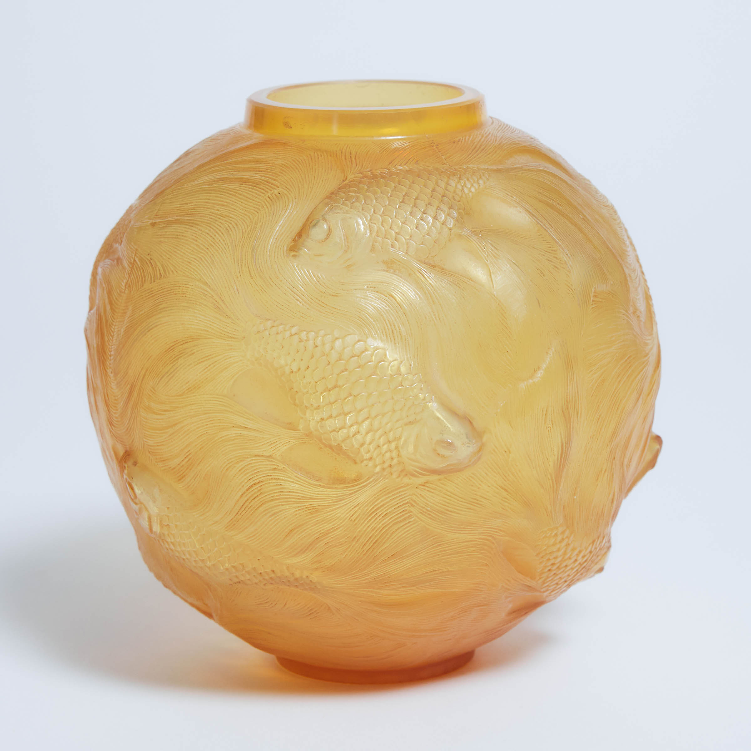 'Formose', Lalique Moulded and Partly Frosted Amber Glass Vase, c.1930