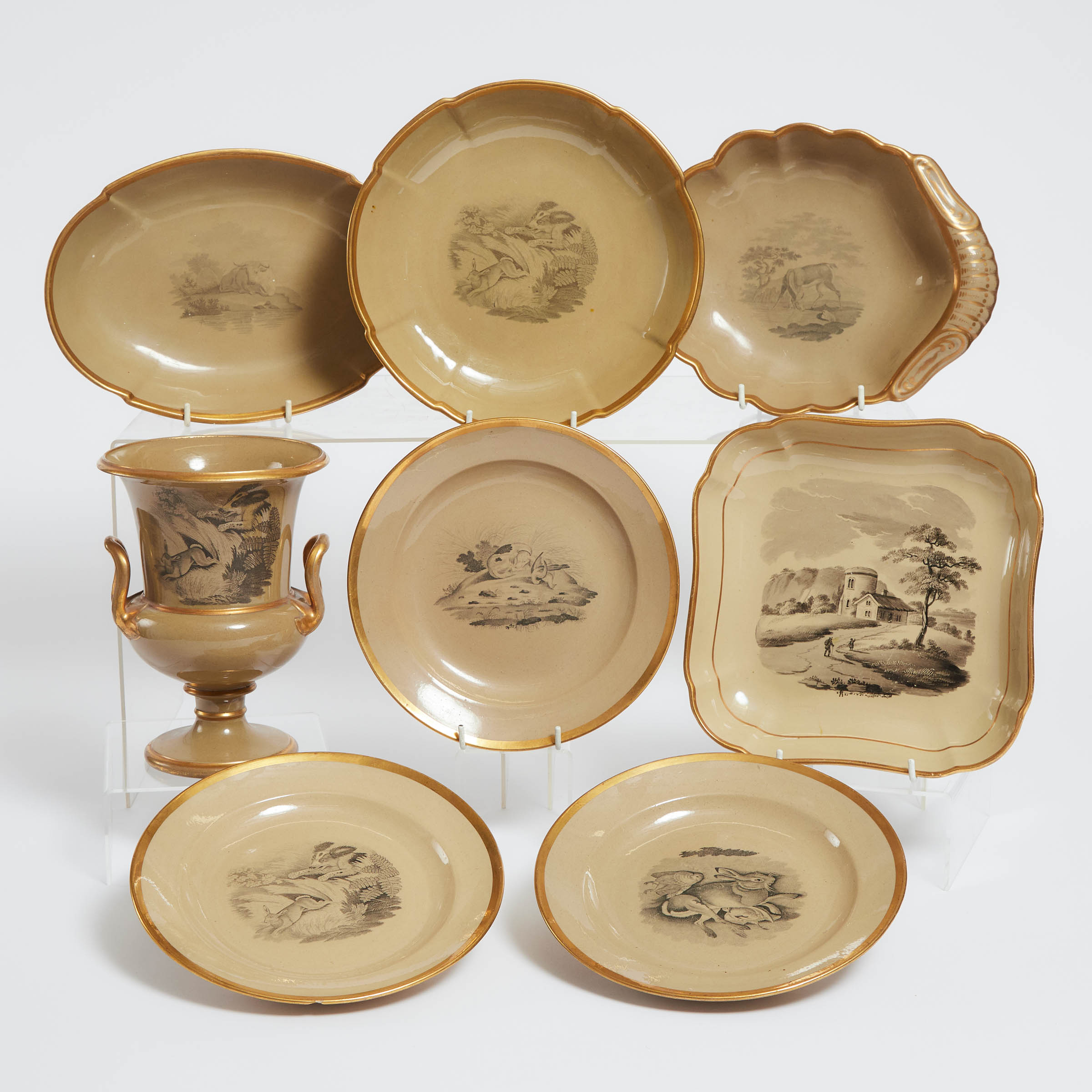 Spode Bat-Printed Drabware Two-Handled Vase, Four Serving Dishes, and Three Plates, early 19th century