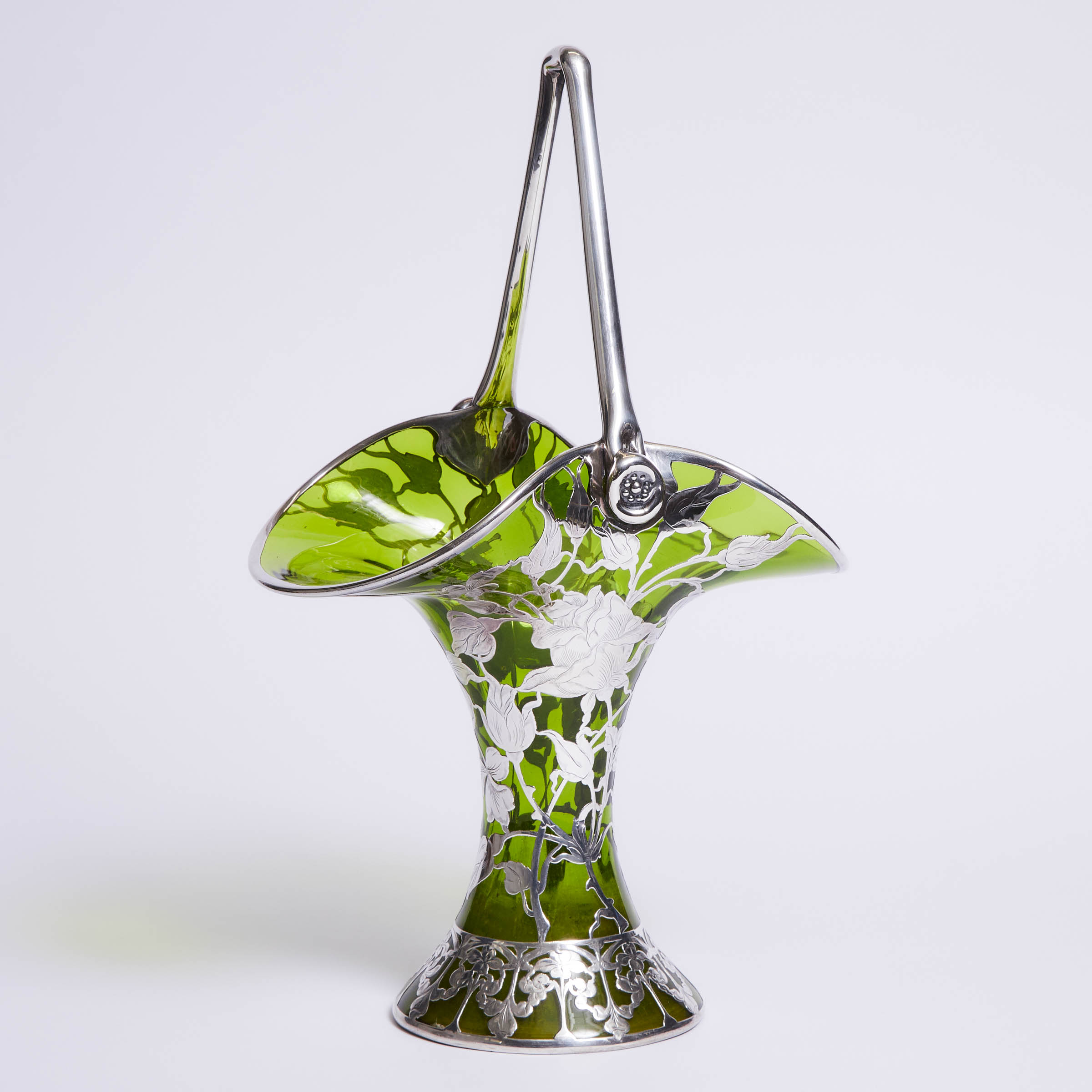 Loetz Silver Overlaid Green Glass Basket Vase, c.1900