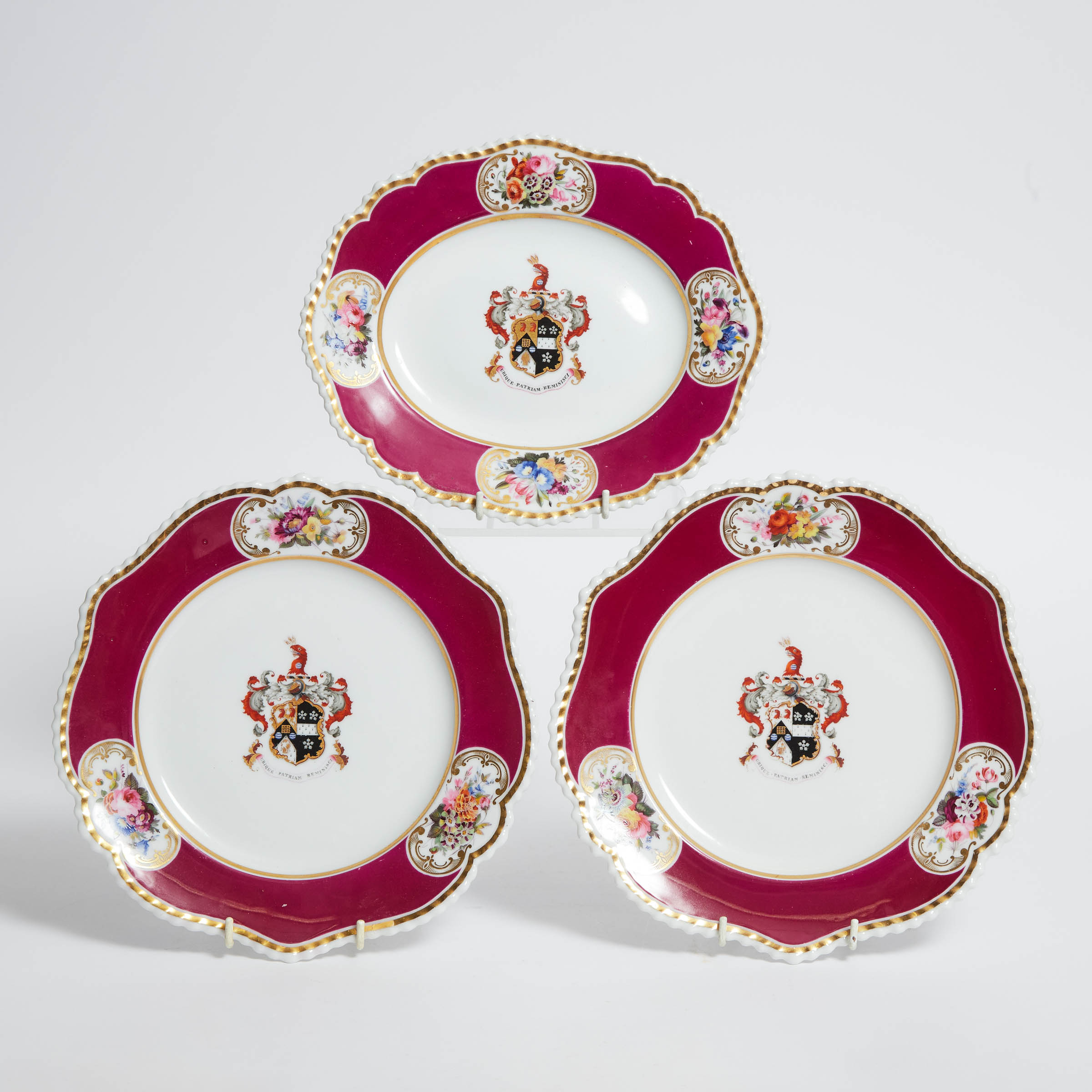 Three Chamberlains Worcester Claret Ground Armorial Plates, c.1847-50