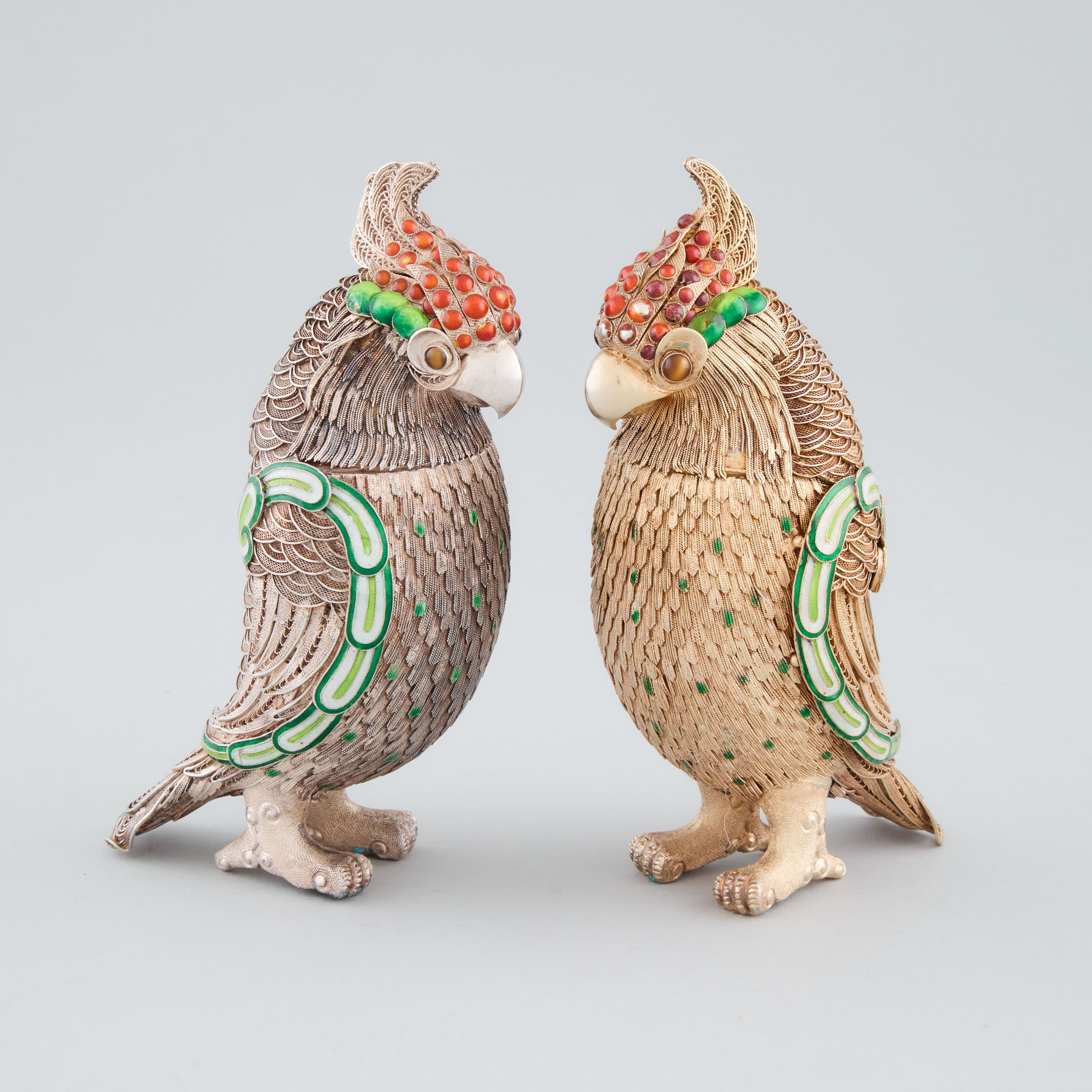 Pair of Chinese Silver or Silver-Gilt and Enamel Cockatiels, 20th century