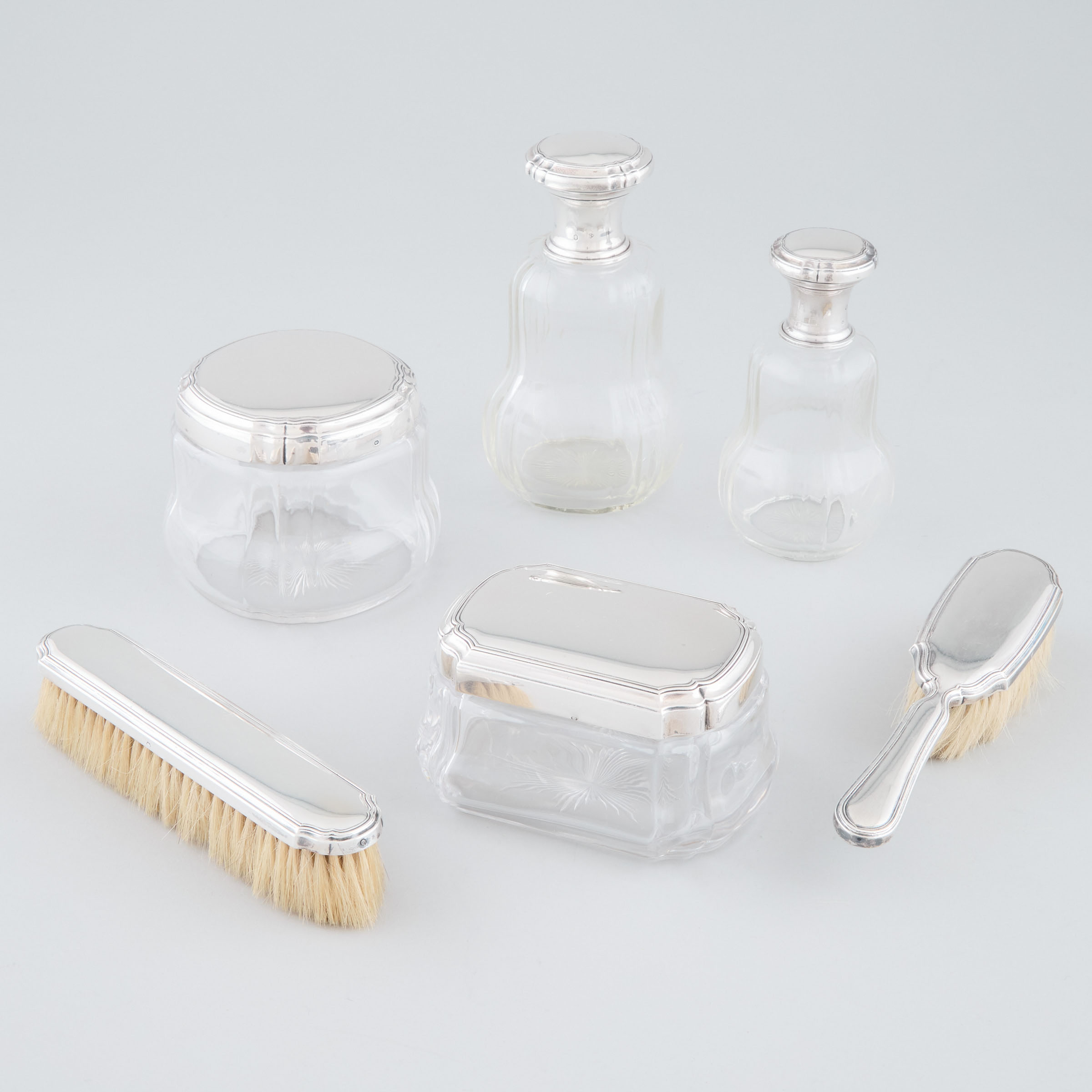French Silver and Cut Glass Dressing Table Set, Louis Ravinet & Cie., Paris, 20th century