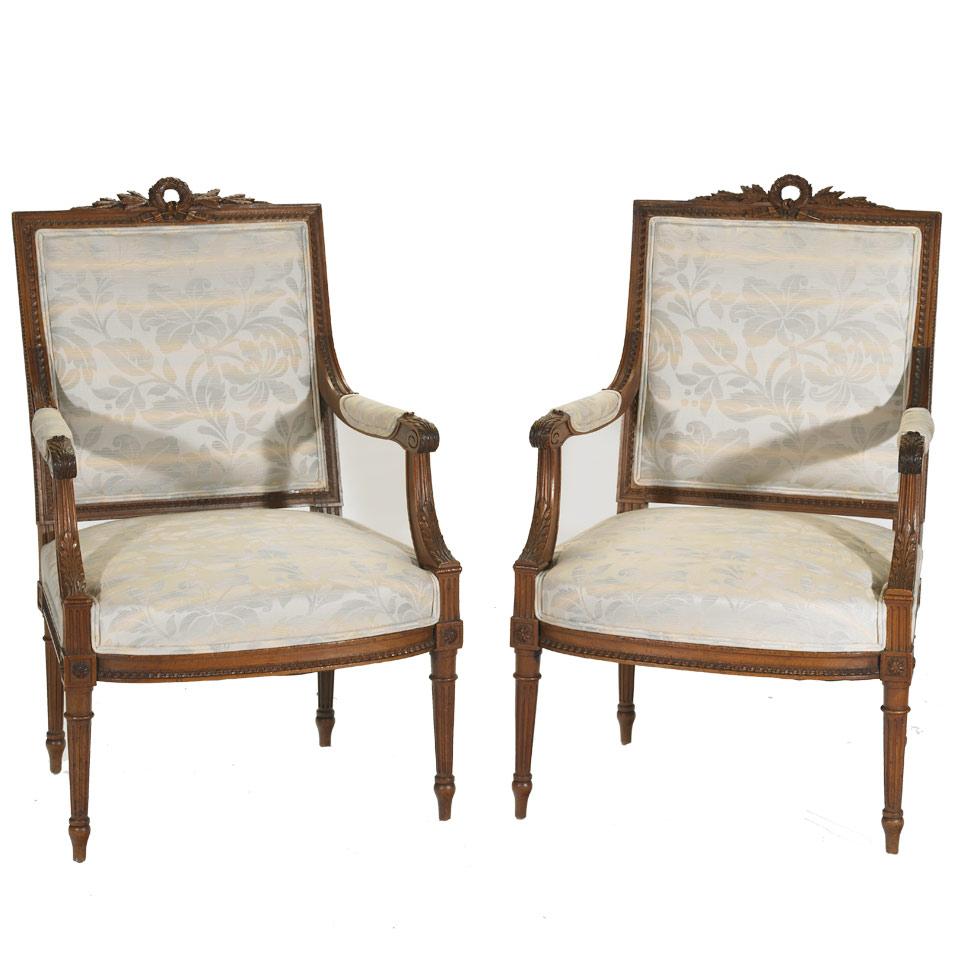 Pair of Walnut Framed Open Armchairs  