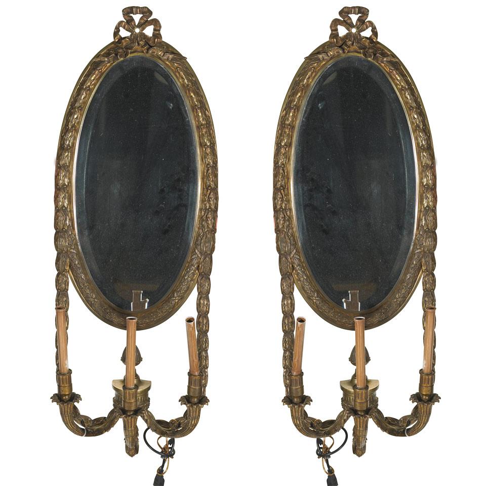 Pair of Large Gilt Brass Three-Branch Wall Sconces 