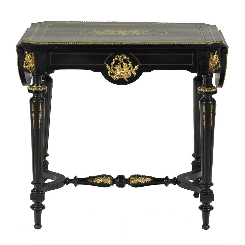 French Ebonized and Brass Inlaid Drop-Leaf Table