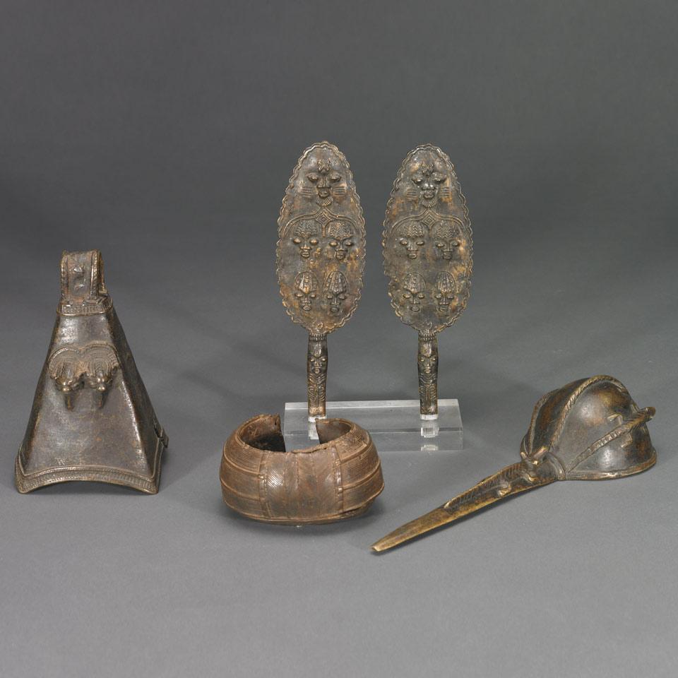 Five African Metal Items: pair of  leaf form staffs, an anklet, a ladle and a bell