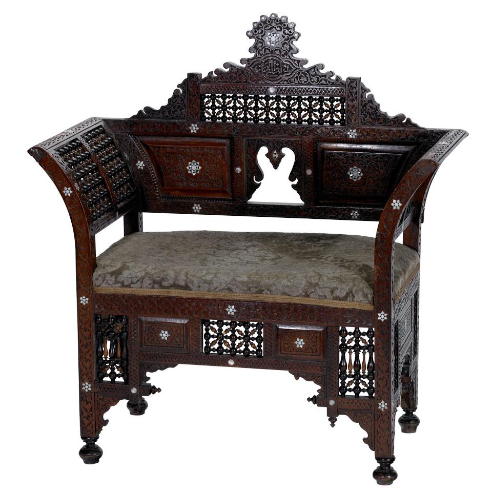 Eastern Carved, Turned and Inlaid Hardwood Bench 