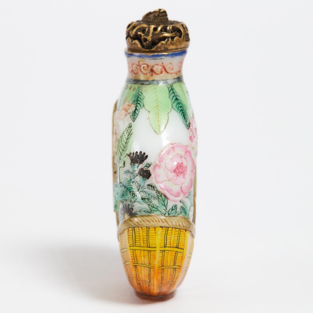 A Famille Rose Enamelled White Glass 'Flower Basket' Snuff Bottle, Guyue Xuan Mark, Qianlong Period, Circa 1775-1795